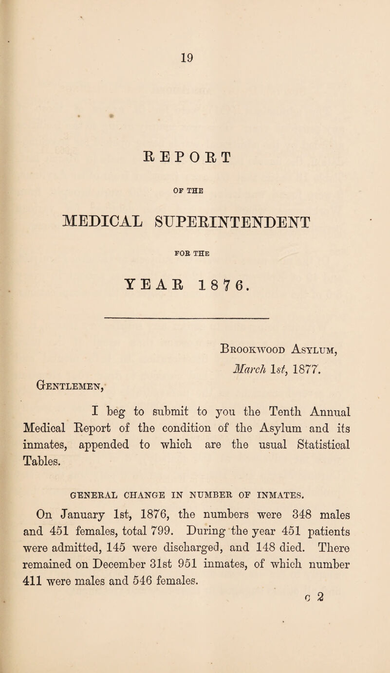 REPORT OF THE MEDICAL SUPERINTENDENT FOR THE YEAE 187 6. Gentlemen, Brookwood Asylum, March Is1877. I beg to submit to you tbe Tenth Annual Medical Eeport of the condition of the Asylum and its inmates, appended to which are the usual Statistical Tables. GENERAL CHANGE IN NUMBER OE INMATES. On January 1st, 1876, the numbers were 348 males and 451 females, total 799. During the year 451 patients were admitted, 145 were discharged, and 148 died. There remained on December 31st 951 inmates, of which number 411 were males and 546 females. 0 2