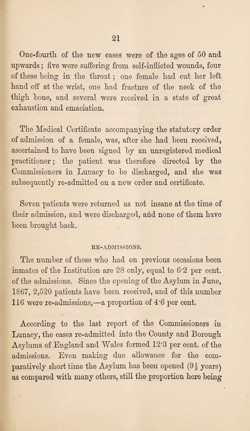 One-fourth of the new cases were of the ages of 50 and upwards; five were suffering from self-inflicted wounds, four of these being in the throat; one female had cut her left hand off at the wrist, one had fracture of the neck of the thigh bone, and several were received in a state of great exhaustion and emaciation. The Medical Certificate accompanying the statutory order of admission of a female, was, after she had been received, ascertained to have been signed by an unregistered medical practitioner; the patient was therefore directed by the Commissioners in Lunacy to bo discharged, and she was subsequently re-admitted on a new order and certificate. Seven patients were returned as not insane at the time of their admission, and were discharged, and none of them have been brought back. RE-ADMISSIONS. The number of those who had on previous occasions been inmates of the Institution are 28 only, equal to 6‘2 per cent, of the admissions. Since the opening of the Asylum in June, 1867, 2,520 patients have been received, and of this number 116 were re-admissions,~a proportion of 4*6 per cent. According to the last report of the Commissioners in Lunacy, the cases re-admitted into the County and Borough Asylums of England and Wales formed 12*3 per cent, of the admissions. Even making duo allowance for the com¬ paratively short time the Asylum has been opened (9| years) as compared with many others, still the proportion here being