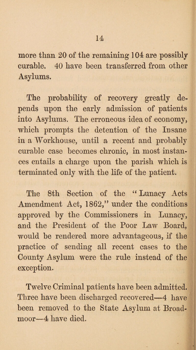 more than 20 of the remaining 104 are possibly curable. 40 have been transferred from other Asylums. The probability of recovery greatly de¬ pends upon the early admission of patients into Asylums. The erroneous idea of economy, which prompts the detention of the Insane in a Workhouse, until a recent and probably curable case becomes chronic, in most instan¬ ces entails a charge upon the parish which is terminated only with the life of the patient. The 8th Section of the “ Lunacy Acts Amendment Act, 1862,” under the conditions approved by the Commissioners in Lunacy, and the President of the Poor Law Board, would be rendered more advantageous, if the practice of sending all recent cases to the County Asylum were the rule instead of the exception. Twelve Criminal patients have been admitted. Three have been discharged recovered—4 have been removed to the State Asylum at Broad¬ moor—4 have died.
