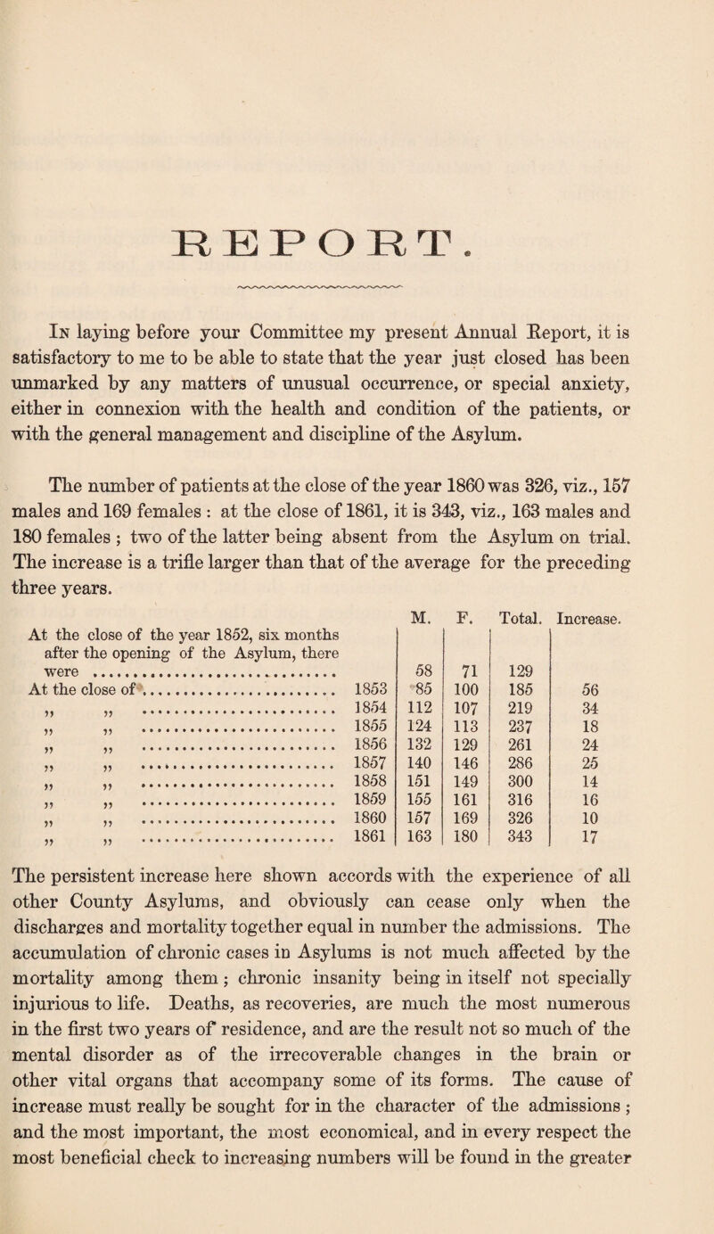 In laying before your Committee my present Annual Eeport, it is satisfactory to me to be able to state that the year just closed has been unmarked by any matters of unusual occurrence, or special anxiety, either in connexion with the health and condition of the patients, or with the general management and discipline of the Asylum. The number of patients at the close of the year 1860 was 326, viz., 157 males and 169 females : at the close of 1861, it is 343, viz., 163 males and 180 females ; two of the latter being absent from the Asylum on trial. The increase is a trifle larger than that of the average for the preceding three years. M. F. Total. Increase. At the close of the year 1852, six months after the opening of the Asylum, there were ... At the close of .... 1853 1854 58 85 112 71 100 107 113 129 185 219 56 34 77 77 .... 1855 124 237 261 18 75 55 ••••#*#••••#•♦♦••••••••• 1856 132 129 24 55 55 1857 140 146 286 25 55 55 1858 151 149 300 14 55 55 1859 155 161 316 16 55 55 1860 157 169 326 10 55 55 55 55 .. 1861 163 180 343 17 The persistent increase here shown accords with the experience of all other County Asylums, and obviously can cease only when the discharges and mortality together equal in number the admissions. The accumulation of chronic cases in Asylums is not much afiected by the mortality among them; chronic insanity being in itself not specially injurious to life. Deaths, as recoveries, are much the most numerous in the flrst two years of residence, and are the result not so much of the mental disorder as of the irrecoverable changes in the brain or other vital organs that accompany some of its forms. The cause of increase must really be sought for in the character of the admissions ; and the most important, the most economical, and in every respect the most beneficial check to increasing numbers will be found in the greater