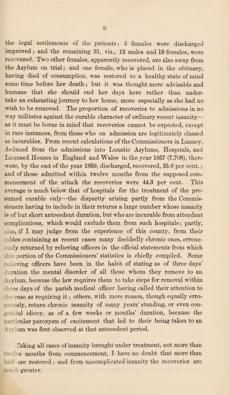 the legal settlements of the patients; 3 females were discharged improved; and the remaining 31, viz., 12 males and 19 females, were recovered. Two other females, apparently recovered, are also away from the Asylum on trial; and one female, who is placed in the obituary, having died of consumption, was restored to a healthy state of mind some time before her death; but it was thought more advisable and humane that she should end her days here rather than under¬ take an exhausting journey to her home, more especially as she had no wish to be removed. The proportion of recoveries to admissions in no way militates against the curable character of ordinary recent insanity— as it must be borne in mind that recoveries cannot be expected, except in rare instances, from those who on admission are legitimately classed as incurables. Trom recent calculations of the Commissioners in Lunacy, deduced from the admissions into Lunatic Asylums, Hospitals, and Licensed Houses in England and Wales in the year 1857 (7,708), there were, by the end of the year 1859, discharged, recovered, 35.6 per cent.; and of those admitted within twelve months from the supposed com¬ mencement of the attack the recoveries were 44.3 per cent. This average is much below that of hospitals for the treatment of the pre¬ sumed curable only—the disparity arising partly from the Commis¬ sioners having to include in their returns a large number whose insanity is of but short antecedent duration, but who are incurable from attendant complications, which would exclude them from such hospitals; partly, also, if I may judge from the experience of this county, from their tables containing as recent cases many decidedly chronic ones, errone¬ ously returned by reheving officers in the official statements from which this portion of the Commissioners’ statistics is chiefly compiled. Some relieving officers have been in the habit of stating as of three days’ duration the mental disorder of aU those whom they remove to an Asylum, because the law requires them to take steps for removal within three days of the parish medical officer having called their attention to the case as requiring it; others, with more reason, though equally erro¬ neously, return chronic insanity of many years’ standing, or even con¬ genital idiocy, as of a few weeks or months’ duration, because the particular paroxysm of excitement that led to their being taken to an iV sylum was flrst observed at that antecedent period. Taking all cases of insanity brought under treatment, not more than twelve months from commencement, I have no doubt that more than half are restored; and from uncomplicated insanity the recoveries are much greater.