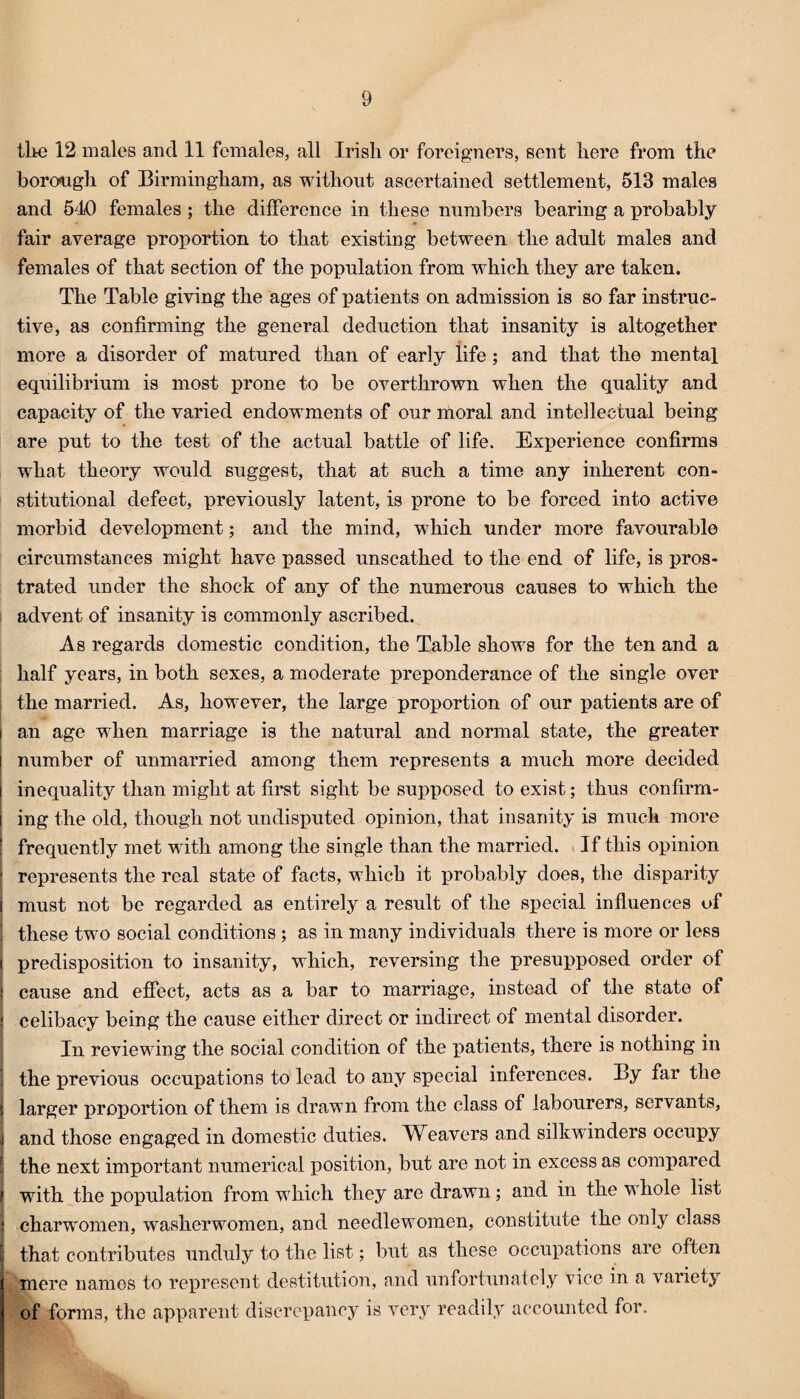 the 12 males and 11 females, all Irish or foreigners, sent here from the borough of Birmingham, as without ascertained settlement, 513 males and 540 females ; the difference in these numbers bearing a probably fair average proportion to that existing between the adult males and females of that section of the population from which they are taken. The Table giving the ages of patients on admission is so far instruc¬ tive, as confirming the general deduction that insanity is altogether more a disorder of matured than of early life ; and that the mental equilibrium is most prone to be overthrown when the quality and capacity of the varied endowments of our moral and intellectual being are put to the test of the actual battle of life. Experience confirms what theory would suggest, that at such a time any inherent con¬ stitutional defect, previously latent, is prone to be forced into active morbid development; and the mind, which under more favourable circumstances might have passed unscathed to the end of life, is pros¬ trated under the shock of any of the numerous causes to which the advent of insanity is commonly ascribed. As regards domestic condition, the Table shows for the ten and a half years, in both sexes, a moderate preponderance of the single over the married. As, however, the large proportion of our patients are of an age when marriage is the natural and normal state, the greater number of unmarried among them represents a much more decided inequality than might at first sight be supposed to exist; thus confirm- i ing the old, though not undisputed opinion, that insanity is much more frequently met with among the single than the married. If this opinion I represents the real state of facts, which it probably does, the disparity | must not be regarded as entirely a result of the special influences of these two social conditions ; as in many individuals there is more or less predisposition to insanity, which, reversing the presupposed order of cause and effect, acts as a bar to marriage, instead of the state of celibacy being the cause either direct or indirect of mental disorder. In reviewing the social condition of the patients, there is nothing in the previous occupations to lead to any special inferences. By far the larger proportion of them is drawn from the class of labourers, servants, and those engaged in domestic duties. Weavers and silkwinders occupy the next important numerical position, but are not in excess as compared with the population from which they are drawn; and in the whole list charwomen, washerwomen, and needlewomen, constitute the only class that contributes unduly to the list; but as these occupations are often mere names to represent destitution, and unfortunately vice in a variety of forms, the apparent discrepancy is very readily accounted for.