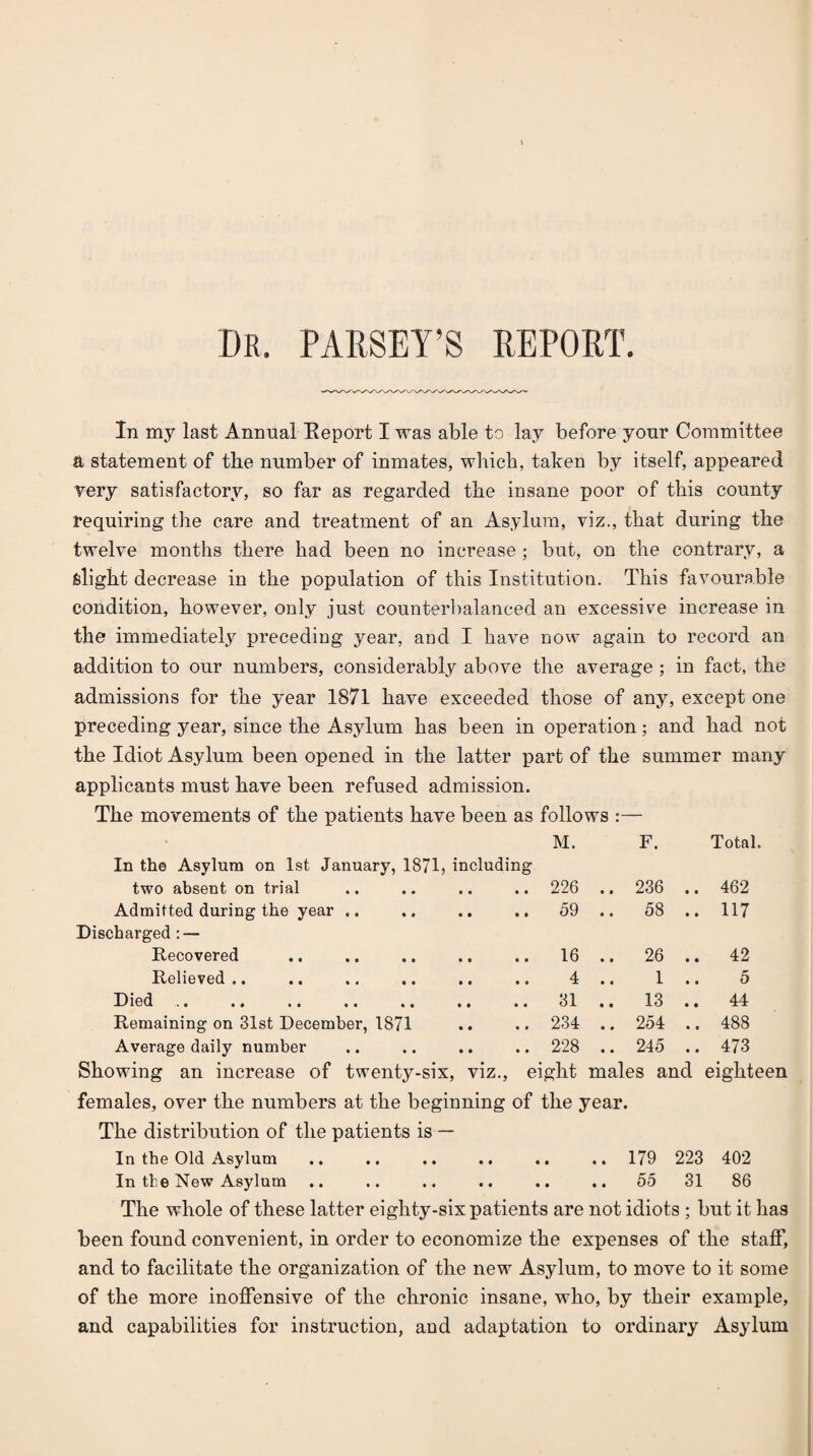 Dr. PARSEY’S REPORT. In my last Annual Eeport I was able to lay before your Committee a statement of tbe number of inmates, which, taken by itself, appeared very satisfactory, so far as regarded the insane poor of this county requiring the care and treatment of an Asylum, viz., that during the twelve months there had been no increase ; but, on the contrary, a slight decrease in the population of this Institution. This favourable condition, however, only just counterbalanced an excessive increase in the immediately preceding year, and I have now again to record an addition to our numbers, considerably above the average ; in fact, the admissions for the year 1871 have exceeded those of any, except one preceding year, since the Asylum has been in operation; and had not the Idiot Asylum been opened in the latter part of the summer many applicants must have been refused admission. The movements of the patients have been as follows M. In the Asylum on 1st January, 1871, including F. Total. two absent on trial .. 226 .. 236 .. 462 Admitted during the year .. Discharged : — .. 59 .. 58 .. 117 Recovered .. 16 .. 26 .. 42 Relieved .. 4 • • 7 • • 1 5 •• •• •• •• «• •• .. 31 .. 13 .. 44 Remaining on 31st December, 1871 .. 234 .. 254 .. 488 Average daily number .. 228 .. 245 CO Showing an increase of twenty-six, viz.. eight males and eighteen females, over the numbers at the beginning of the year. The distribution of the patients is— In the Old Asylum .. .. .. .. .. .. 179 223 402 In the New Asylum .. .. .. .. .. .. 55 31 86 The whole of these latter eighty-six patients are not idiots ; but it has been found convenient, in order to economize the expenses of the staff, and to facilitate the organization of the new Asylum, to move to it some of the more inoffensive of the chronic insane, who, by their example, and capabilities for instruction, and adaptation to ordinary Asylum