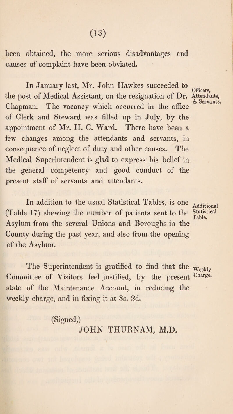 been obtained, the more serious disadvantages and causes of complaint have been obviated. In January last, Mr. John Hawkes succeeded to the post of Medical Assistant, on the resignation of Dr. Chapman. The vacancy which occurred in the office of Clerk and Steward was filled up in July, by the appointment of Mr. H. C. Ward. There have been a few changes among the attendants and servants, in consequence of neglect of duty and other causes. The Medical Superintendent is glad to express his belief in the general competency and good conduct of the present staff of servants and attendants. In addition to the usual Statistical Tables, is one (Table 17) shewing the number of patients sent to the Asylum from the several Unions and Boroughs in the County during the past year, and also from the opening of the Asylum. The Superintendent is gratified to find that the Committee of Visitors feel justified, by the present state of the Maintenance Account, in reducing the weekly charge, and in fixing it at 8s. 2d» Officers, Attendants, & Servants. Additional Statistical Table. Weekly Charge. (Signed,) JOHN THURNAM, M.D.