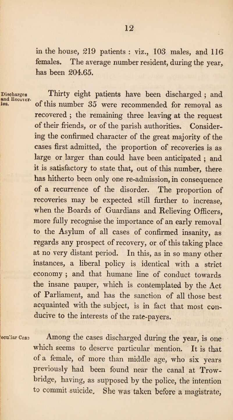 Discharges and Recover ies. Peculiar Case i 1 I I in the house, 219 patients : viz., 103 males, and 116 females. The average number resident, during the year, has been 204.65. Thirty eight patients have been discharged ; and of this number 35 were recommended for removal as recovered ; the remaining three leaving at the request of their friends, or of the parish authorities. Consider¬ ing the confirmed character of the great majority of the cases first admitted, the proportion of recoveries is as large or larger than could have been anticipated ; and it is satisfactory to state that, out of this number, there has hitherto been only one re-admission, in consequence of a recurrence of the disorder. The proportion of recoveries may be expected still further to increase, when the Boards of Guardians and Relieving Officers, more fully recognise the importance of an early removal to the Asylum of all cases of confirmed insanity, as regards any prospect of recovery, or of this taking place at no very distant period. In this, as in so many other instances, a liberal policy is identical with a strict economy ; and that humane line of conduct towards the insane pauper, which is contemplated by the Act of Parliament, and has the sanction of all those best acquainted with the subject, is in fact that most con¬ ducive to the interests of the rate-payers. Among the cases discharged during the year, is one which seems to deserve particular mention. It is that of a female, of more than middle age, who six years previously had been found near the canal at Trow¬ bridge, having, as supposed by the police, the intention to commit suicide. She was taken before a magistrate.