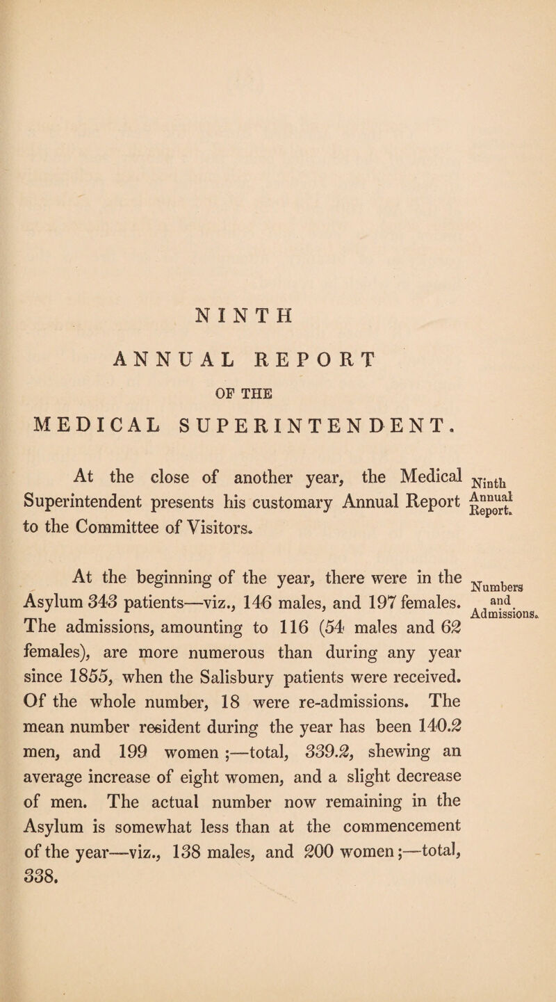 NINTH ANNUAL REPORT OF THE MEDICAL SUPERINTENDENT. At the close of another year, the Medical Superintendent presents his customary Annual Report to the Committee of Visitors* At the beginning of the year, there were in the Asylum 343 patients—viz., 146 males, and 197 females. The admissions, amounting to 116 (54 males and 62 females), are more numerous than during any year since 1855, when the Salisbury patients were received. Of the whole number, 18 were re-admissions. The mean number resident during the year has been 140.2 men, and 199 women total, 339.2, shewing an average increase of eight women, and a slight decrease of men. The actual number now remaining in the Asylum is somewhat less than at the commencement of the year—-viz., 188 males, and 200 women;—total, 338. Ninth Annual Report. Numbers and Admissions.