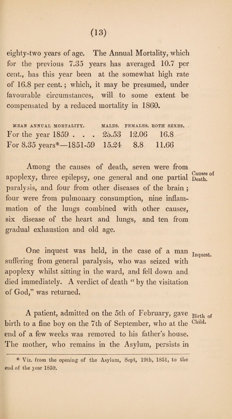 eighty-two years of age. The Annual Mortality, which for the previous 7.35 years has averaged 10.7 per cent., has this year been at the somewhat high rate of 16.8 per cent.; which, it may be presumed, under favourable circumstances, will to some extent be compensated by a reduced mortality in 1860. MEAN ANNUAL MORTALITY. MALES. FEMALES. BOTH SEXES. . For the year 1859 . . . 2b.53 12.06 16.8 For 8.35 years*—1851-59 15.24* 8.8 11.66 Among the causes of death, seven were from apoplexy, three epilepsy, one general and one partial paralysis, and four from other diseases of the brain ; four w^ere from pulmonary consumption, nine inflam¬ mation of the lungs combined with other causes, six disease of the heart and lungs, and ten from gradual exhaustion and old age. One inquest was held, in the case of a man suffering from general paralysis, who was seized with apoplexy whilst sitting in the ward, and fell down and died immediately. A verdict of death “ by the visitation of God,” was returned. A patient, admitted on the 5tn of February, gave birth to a fine boy on the 7th of September, w7ho at the end of a few weeks was removed to his father’s house. The mother, who remains in the Asylum, persists in Viz. from the opening of the Asylum, Sept, 19th, 1851, to the end of the year 1859. Causes of Death. Inquest. Birth of Child.