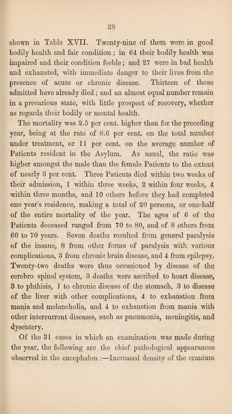 shown in Table XVII. Twenty-nine of them were in good bodily health and fair condition ; in 64 their bodily health was impaired and their condition feeble; and 27 were in bad health and exhausted, with immediate danger to their lives from the presence of acute or chronic disease. Thirteen of those admitted have already died; and an almost equal number remain in a precarious state, with little prospect of recovery, whether as regards their bodily or mental health. The mortality was 2.5 per cent, higher than for the preceding year, being at the rate of 8.6 per cent, on the total number under treatment, or 11 per cent, on the average number of Patients resident in the Asylum. As usual, the ratio was higher amongst the male than the female Patients to the extent of nearly 3 per cent. Three Patients died within two weeks of their admission, 1 within three weeks, 2 within four weeks, 4 within three months, and 10 others before they had completed one years residence, making a total of 20 persons, or one-half of the entire mortality of the year. The ages of 6 of the Patients deceased ranged from 70 to 80, and of 8 others from 60 to 70 years. Seven deaths resulted from general paralysis of the insane, 8 from other forms of paralysis with various complications, 3 from chronic brain disease, and 4 from epilepsy. Twenty-two deaths were thus occasioned by disease of the cerebro spinal system, 3 deaths were ascribed to heart disease, 3 to phthisis, 1 to chronic disease of the stomach, 3 to disease of the liver with other complications, 4 to exhaustion from mania and melancholia, and 4 to exhaustion from mania with other intercurrent diseases, such as pneumonia, meningitis, and dysentery. Of the 31 cases in which an examination was made during the year, the following are the chief pathological appearances observed in the encephalon :—Increased density of the cranium