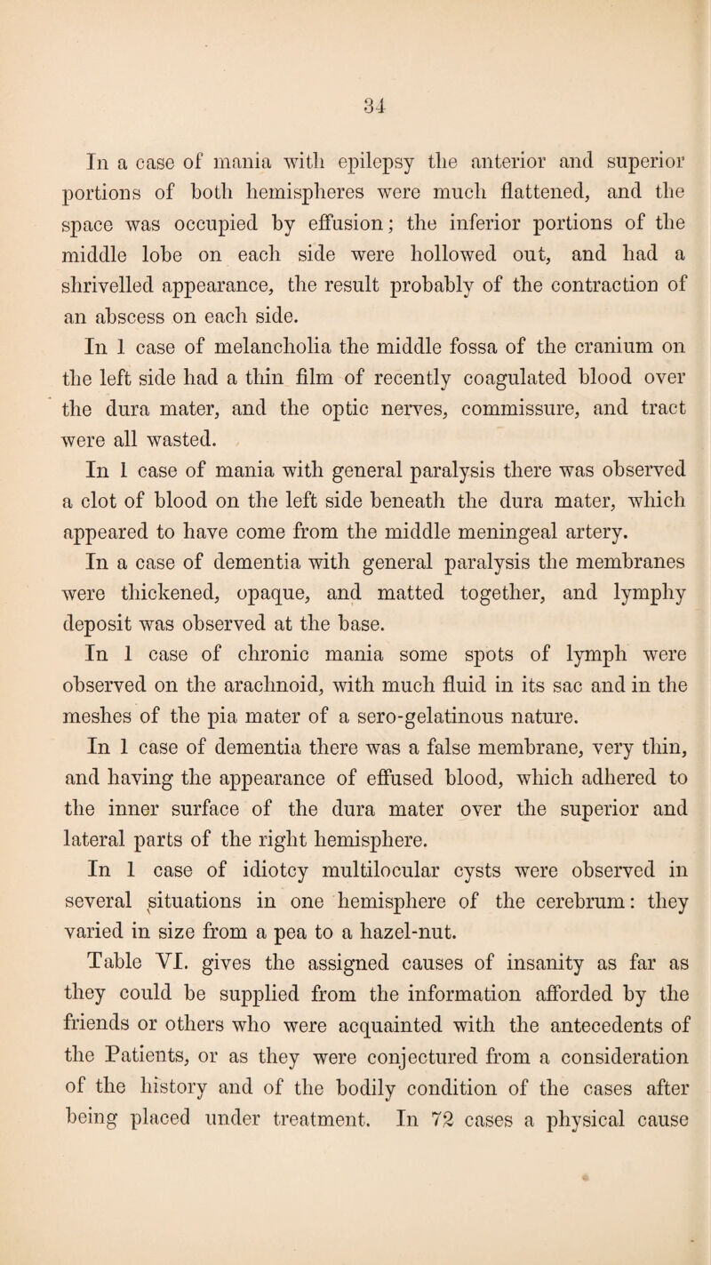 31 In a case of mania with epilepsy the anterior and superior portions of both hemispheres were much flattened, and the space was occupied by effusion; the inferior portions of the middle lobe on each side were hollowed out, and had a shrivelled appearance, the result probably of the contraction of an abscess on each side. In 1 case of melancholia the middle fossa of the cranium on the left side had a thin film of recently coagulated blood over the dura mater, and the optic nerves, commissure, and tract were all wasted. In 1 case of mania with general paralysis there was observed a clot of blood on the left side beneath the dura mater, which appeared to have come from the middle meningeal artery. In a case of dementia with general paralysis the membranes were thickened, opaque, and matted together, and lympliy deposit was observed at the base. In 1 case of chronic mania some spots of lymph were observed on the arachnoid, with much fluid in its sac and in the meshes of the pia mater of a sero-gelatinous nature. In 1 case of dementia there was a false membrane, very thin, and having the appearance of effused blood, which adhered to the inner surface of the dura mater over the superior and lateral parts of the right hemisphere. In 1 case of idiotcy multilocular cysts were observed in several situations in one hemisphere of the cerebrum: they varied in size from a pea to a hazel-nut. Table YI. gives the assigned causes of insanity as far as they could be supplied from the information afforded by the friends or others who were acquainted with the antecedents of the Patients, or as they were conjectured from a consideration of the history and of the bodily condition of the cases after being placed under treatment. In 72 cases a physical cause