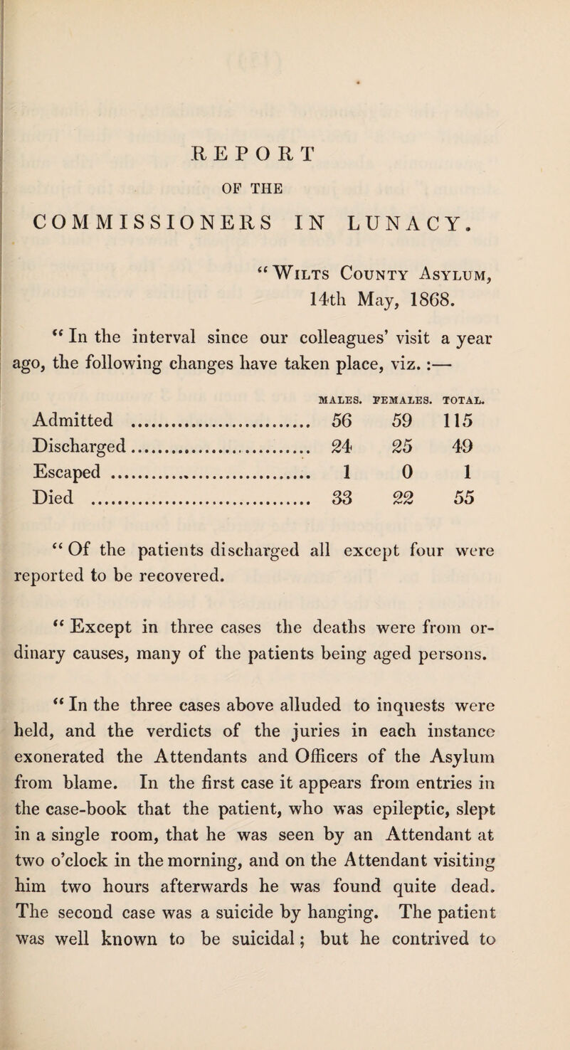 OF THE COMMISSIONERS IN LUNACY, “ Wilts County Asylum, 14th May, 1868. ({ In the interval since our colleagues’ visit a year ago, the following changes have taken place, viz.:— Admitted .... MALES. . 56 FEMALES. 59 TOTAL. 115 Discharged .... . 24 25 49 Escaped . . 1 0 1 Died . . S3 22 55 “ Of the patients discharged all except four were reported to be recovered. t( Except in three cases the deaths were from or¬ dinary causes, many of the patients being aged persons. “ In the three cases above alluded to inquests were held, and the verdicts of the juries in each instance exonerated the Attendants and Officers of the Asylum from blame. In the first case it appears from entries in the case-book that the patient, who was epileptic, slept in a single room, that he was seen by an Attendant at two o’clock in the morning, and on the Attendant visiting him two hours afterwards he was found quite dead. The second case was a suicide by hanging. The patient was well known to be suicidal; but he contrived to