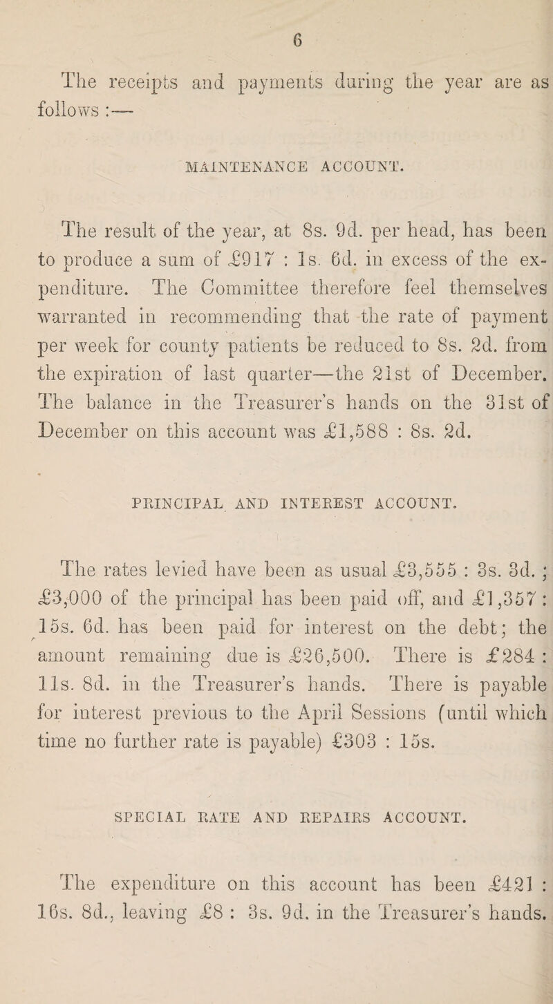 The receipts and payments during the year are as follows MAINTENANCE ACCOUNT. The result of the year, at 8s. 9d. per head, has been to produce a sum of T917 : Is. Gd. in excess of the ex¬ penditure. The Committee therefore feel themselves warranted in recommending that the rate of payment per week for county patients be reduced to 8s. 2d. from the expiration of last quarter—the 21st of December. The balance in the Treasurer’s hands on the 31st of December on this account was £1,588 : 8s. 2d. PRINCIPAL AND INTEREST ACCOUNT. The rates levied have been as usual £3,555 i 3s. 3d. ; £3,000 of the principal has been paid off, and £1,357 : 15s. Gd. has been paid for interest on the debt; the amount remaining due is £26,500. There is £284 : 11s. 8d. in the Treasurer’s hands. There is payable for interest previous to the April Sessions (until which time no further rate is payable) €303 : 15s. SPECIAL RATE AND REPAIRS ACCOUNT. The expenditure on this account has been £421 : 16s. 8cb, leaving £8 : 3s. 9d. in the Treasurer’s hands.