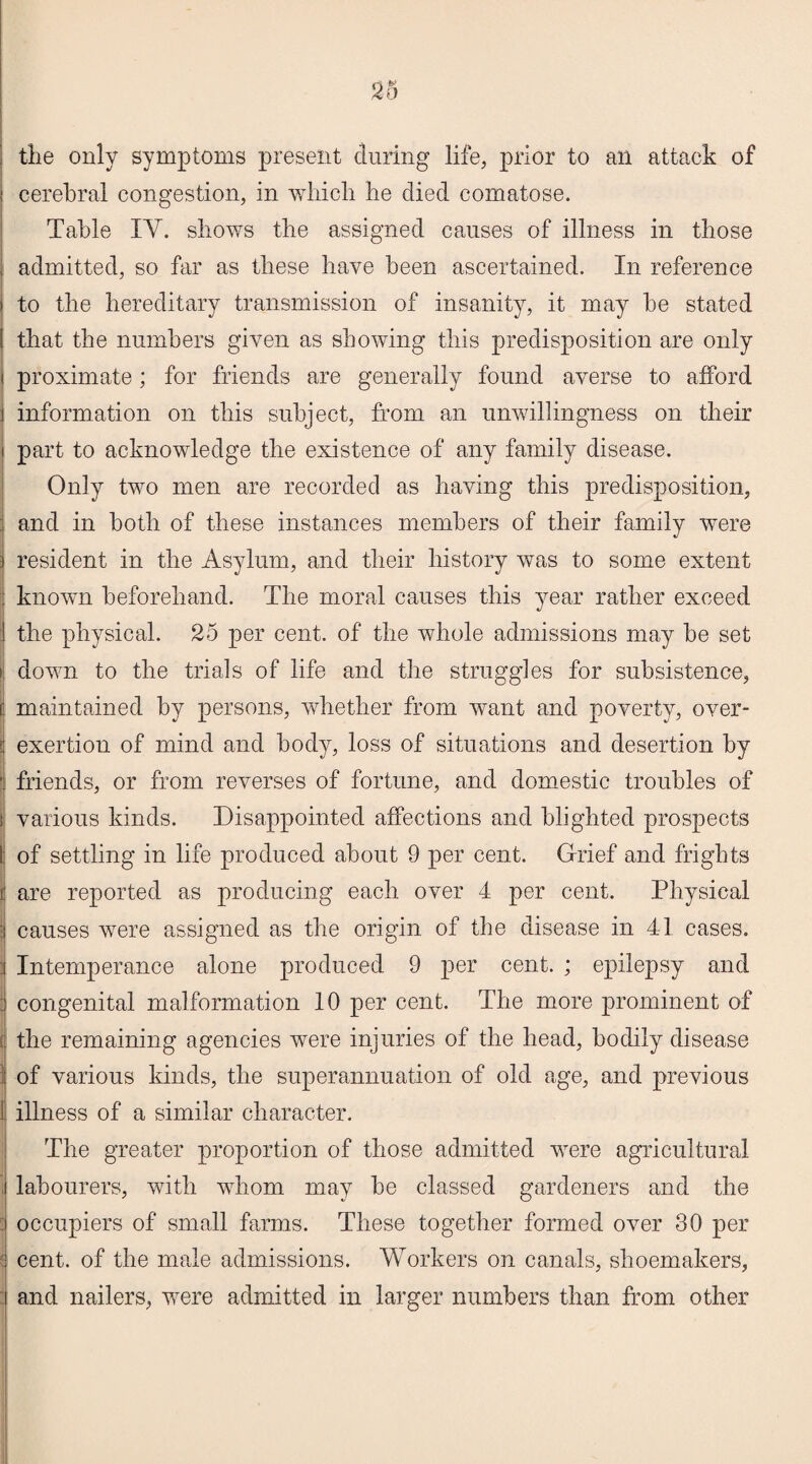 the only symptoms present during life, prior to an attach of cerebral congestion, in which he died comatose. Table IY. shows the assigned causes of illness in those admitted, so far as these have been ascertained. In reference i to the hereditary transmission of insanity, it may he stated that the numbers given as showing this predisposition are only proximate; for friends are generally found averse to afford information on this subject, from an unwillingness on their part to acknowledge the existence of any family disease. Only two men are recorded as having this predisposition, : and in both of these instances members of their family were resident in the Asylum, and their history was to some extent j known beforehand. The moral causes this year rather exceed 1 the physical. 25 per cent, of the whole admissions may he set i down to the trials of life and the struggles for subsistence, I maintained by persons, whether from want and poverty, over- j exertion of mind and body, loss of situations and desertion by ■ friends, or from reverses of fortune, and domestic troubles of i various kinds. Disappointed affections and blighted prospects [ of settling in life produced about 9 per cent. Grief and frights are reported as producing each over 4 per cent. Physical causes were assigned as the origin of the disease in 41 cases. Intemperance alone produced 9 per cent. ; epilepsy and congenital malformation 10 per cent. The more prominent of the remaining agencies were injuries of the head, bodily disease of various kinds, the superannuation of old age, and previous 1 illness of a similar character. The greater proportion of those admitted were agricultural labourers, with whom may be classed gardeners and the : occupiers of small farms. These together formed over 30 per : cent, of the male admissions. Workers on canals, shoemakers, and nailers, were admitted in larger numbers than from other