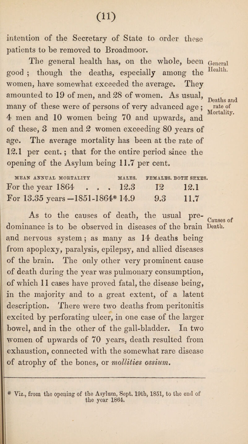 intention of the Secretary of State to order these patients to he removed to Broadmoor. The general health has, on the whole, been good ; though the deaths, especially among the women, have somewhat exceeded the average. They amounted to 19 of men, and 28 of women. As usual, many of these were of persons of very advanced age ; 4 men and 10 women being 70 and upwards, and of these, 3 men and 2 women exceeding 80 years of age. The average mortality has been at the rate of 12.1 per cent. ; that for the entire period since the opening of the Asylum being 11.7 per cent. General Heal tli. Deaths and rate of Mortality. MEAN ANNUAL MORTALITY MALES. FEMALES. BOTH SEXES. For the year 1864 . . . 12.3 12 12.1 For 13.35 years-1851-1864* 14.9 9.3 11.7 As to the causes of death, the usual pre- „ * L Causes of dominance is to be observed in diseases of the brain Death, and nervous system; as many as 14 deaths being from apoplexy, paralysis, epilepsy, and allied diseases of the brain. The only other very pi eminent cause of death during the year was pulmonary consumption, of which 11 cases have proved fatal, the disease being, in the majority and to a great extent, of a latent description. There were two deaths from peritonitis excited by perforating ulcer, in one case of the larger bowel, and in the other of the gall-bladder. In two women of upwards of 70 years, death resulted from exhaustion, connected with the somewhat rare disease of atrophy of the bones, or mollities ossium. # Viz., from the opening of the Asylum, Sept. 19th, 1851, to the end of the year 1864.