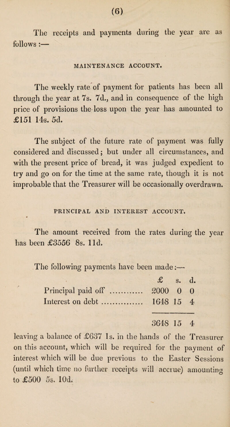 The receipts and payments during the year are as follows :— MAINTENANCE ACCOUNT. The weekly rate of payment for patients has been all through the year at 7s. 7d., and in consequence of the high price of provisions the loss upon the year has amounted to £151 14s. 5d. The subject of the future rate of payment was fully considered and discussed; but under all circumstances, and with the present price of bread, it was judged expedient to try and go on for the time at the same rate, though it is not improbable that the Treasurer will be occasionally overdrawn. PRINCIPAL AND INTEREST ACCOUNT. * The amount received from the rates during the year has been £3556 8s. lid. The following payments have been made:— £ s. d. Principal paid off ... 2000 0 0 Interest on debt. 1648 15 4* 3648 15 4 leaving a balance of £637 Is. in the hands of the Treasurer on this account, which will be required for the payment of interest which will be due previous to the Easter Sessions (until which time no further receipts will accrue) amounting to £500 5s. lOd.