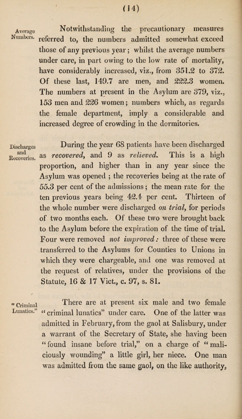 / Average Notwithstanding the precautionary measures Numbers. referre(] to, the numbers admitted somewhat exceed those of any previous year; whilst the average numbers under care, in part owing to the low rate of mortality, have considerably increased, viz., from 351.2 to 372. Of these last, 149.7 are men, and 222.3 women. The numbers at present in the Asylum are 379, viz., 153 men and 226 women; numbers which, as regards the female department, imply a considerable and increased degree of crowding in the dormitories. Discharges and Recoveries. During the year 68 patients have been discharged as recovered, and 9 as relieved. This is a high proportion, and higher than in any year since the Asylum was opened ; the recoveries being at the rate of 55.3 per cent of the admissions ; the mean rate for the ten previous years being 42.4 per cent. Thirteen of the whole number were discharged on trial, for periods of two months each. Of these two were brought back to the Asylum before the expiration of the time of trial. Four were removed not improved: three of these were transferred to the Asylums for Counties to Unions in which they were chargeable, and one was removed at the request of relatives, under the provisions of the Statute, 16 & 17 Viet., c. 97, s. 81. N Criminal There are at present six male and two female Lunatics.” « crjminal lunatics” under care. One of the latter was admitted in February, from the gaol at Salisbury, under a warrant of the Secretary of State, she having been “ found insane before trial,” on a charge of “ mali¬ ciously wounding” a little girl, her niece. One man was admitted from the same gaol, on the like authority,