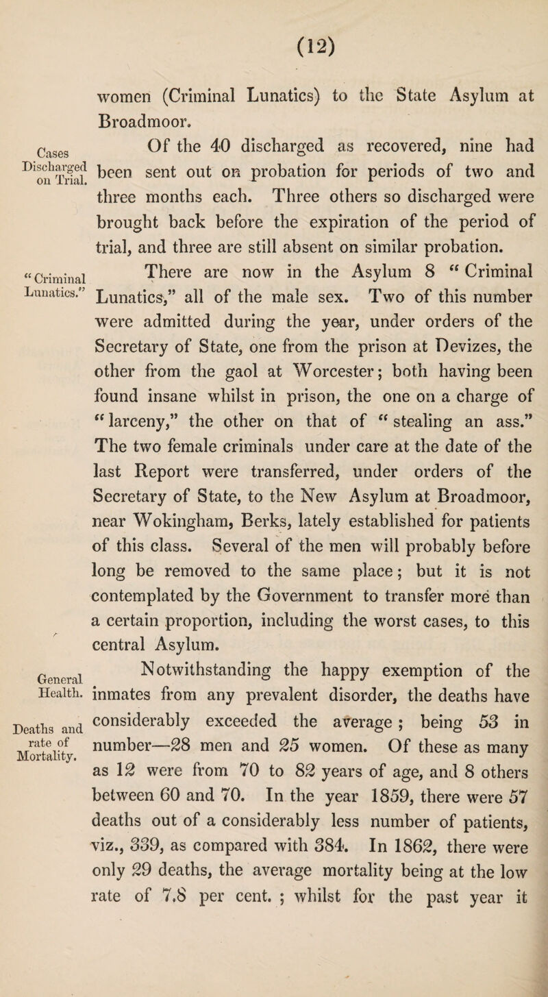 Cases women (Criminal Lunatics) to the State Asylum at Broadmoor. Of the 40 discharged as recovered, nine had ^on Trfa? been sen^ ou^ 0Fl Pr°bation f°r periods of two and three months each. Three others so discharged were brought back before the expiration of the period of trial, and three are still absent on similar probation. “ Criminal There are now in the Asylum 8 “ Criminal Lunatics. Lunatic$,” all of the male sex. Two of this number were admitted during the year, under orders of the Secretary of State, one from the prison at Devizes, the other from the gaol at Worcester; both having been found insane whilst in prison, the one on a charge of “ larceny,” the other on that of “ stealing an ass.” The two female criminals under care at the date of the last Report were transferred, under orders of the Secretary of State, to the New Asylum at Broadmoor, near Wokingham, Berks, lately established for patients of this class. Several of the men will probably before long be removed to the same place; but it is not contemplated by the Government to transfer more than a certain proportion, including the worst cases, to this central Asylum. q Y Notwithstanding the happy exemption of the Health, inmates from any prevalent disorder, the deaths have Deaths and considerably exceeded the average ; being 53 in number—28 men and 25 women. Of these as many as 12 were from 70 to 82 years of age, and 8 others between 60 and 70. In the year 1859, there were 57 deaths out of a considerably less number of patients, viz., 339, as compared with 384. In 1862, there were only 29 deaths, the average mortality being at the low rate of 7.8 per cent. ; whilst for the past year it rate of Mortality.