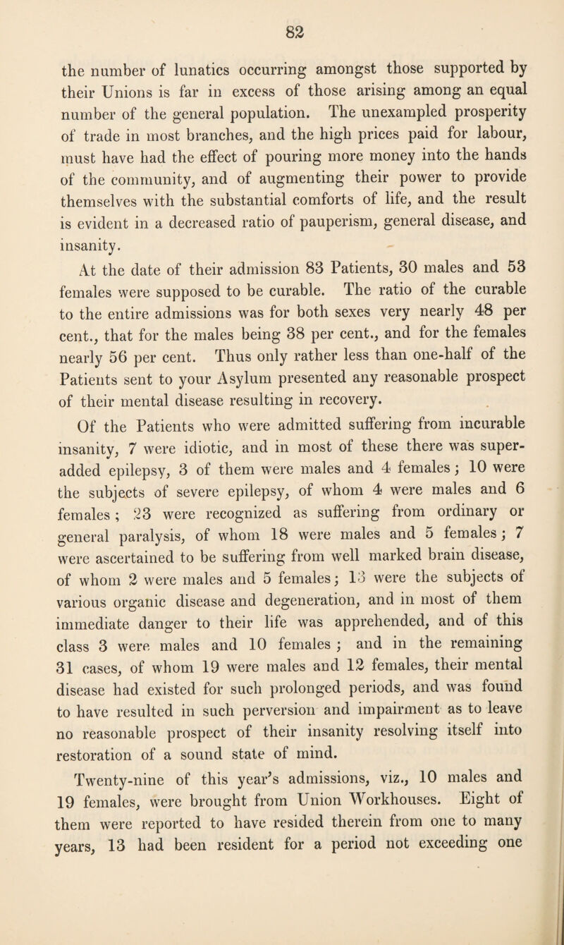 the number of lunatics occurring amongst those supported by their Unions is far in excess of those arising among an equal number of the general population. The unexampled prosperity of trade in most branches, and the high prices paid for labour, must have had the effect of pouring more money into the hands of the community, and of augmenting their power to provide themselves with the substantial comforts of life, and the result is evident in a decreased ratio of pauperism, general disease, and insanity. At the date of their admission 83 Patients, 30 males and 53 females were supposed to be curable. The ratio of the curable to the entire admissions was for both sexes very nearly 48 per cent., that for the males being 38 per cent., and for the females nearly 56 per cent. Thus only rather less than one-half of the Patients sent to your Asylum presented any reasonable prospect of their mental disease resulting in recovery. Of the Patients who were admitted suffering from incurable insanity, 7 were idiotic, and in most of these there was super- added epilepsy, 3 of them were males and 4 females; 10 were the subjects of severe epilepsy, of whom 4 were males and 6 females; 23 were recognized as suffering from ordinary or general paralysis, of whom 18 were males and 5 females; 7 were ascertained to be suffering from well marked brain disease, of whom 2 were males and 5 females; 13 were the subjects ot various organic disease and degeneration, and in most of them immediate danger to their life was apprehended, and of this class 3 were males and 10 females ; and in the remaining 31 cases, of whom 19 were males and 12 females, their mental disease had existed for such prolonged periods, and was found to have resulted in such perversion and impairment as to leave no reasonable prospect of their insanity resolving itself into restoration of a sound state of mind. Twenty-nine of this year's admissions, viz., 10 males and 19 females, were brought from Union Workhouses. Eight of them were reported to have resided therein from one to many years, 13 had been resident for a period not exceeding one