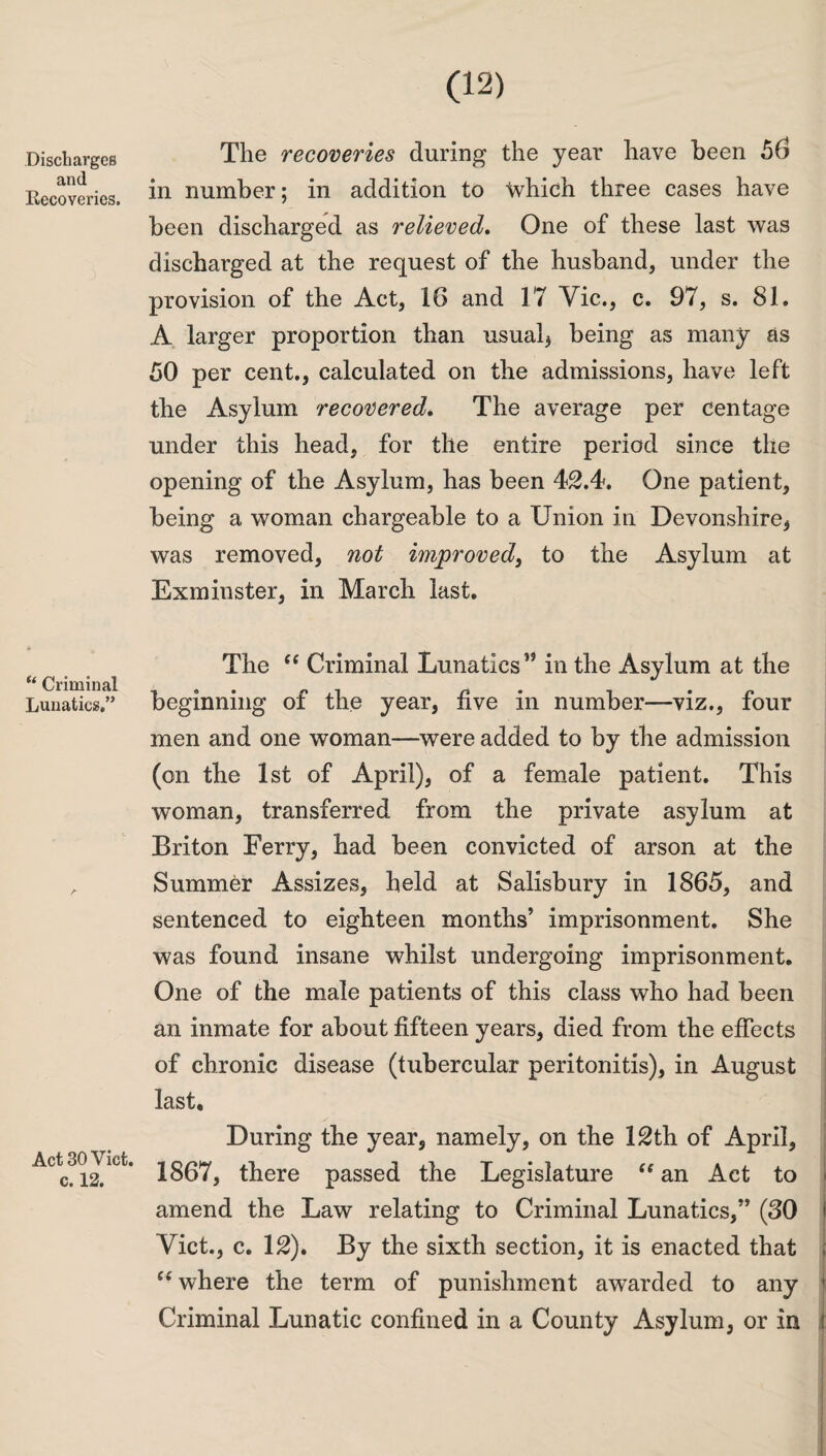 Discharges and Recoveries. u Criminal Lunatics.” Act 30 Viet, c. 12. The recoveries during the year have been 56 in number; in addition to which three cases have been discharged as relieved. One of these last was discharged at the request of the husband, under the provision of the Act, 16 and 17 Vic., c. 97, s. 81. A larger proportion than usual3 being as many as 50 per cent., calculated on the admissions, have left the Asylum recovered. The average per centage under this head, for the entire period since the opening of the Asylum, has been 42.4. One patient, being a woman chargeable to a Union in Devonshire, was removed, not improved, to the Asylum at Exminster, in March last. The  Criminal Lunatics55 in the Asylum at the beginning of the year, five in number—viz., four men and one woman—were added to by the admission (on the 1st of April), of a female patient. This woman, transferred from the private asylum at Briton Ferry, had been convicted of arson at the Summer Assizes, held at Salisbury in 1865, and sentenced to eighteen months’ imprisonment. She was found insane whilst undergoing imprisonment. One of the male patients of this class who had been an inmate for about fifteen years, died from the effects of chronic disease (tubercular peritonitis), in August last. During the year, namely, on the 12th of April, 1867, there passed the Legislature “ an Act to amend the Law relating to Criminal Lunatics,” (30 ' Viet., c. 12). By the sixth section, it is enacted that “ where the term of punishment awarded to any 1 Criminal Lunatic confined in a County Asylum, or in !