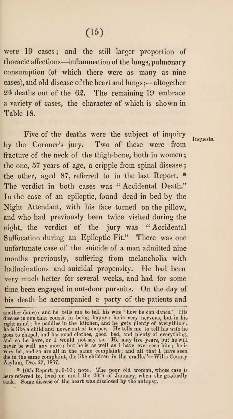 were 19 cases; and the still larger proportion of thoracic affections—inflammation of the lungs, pulmonary consumption (of which there were as many as nine cases), and old disease of the heart and lungs;—altogether 24 deaths out of the 62. The remaining 19 embrace a variety of cases, the character of which is shown in Table 18. Five of the deaths were the subject of inquiry T J 1 J Inquests. by the Coroner’s jury. Two of these were from fracture of the neck of the thigh-bone, both in women; the one, 57 years of age, a cripple from spinal disease ; the other, aged 87, referred to in the last Report. * The verdict in both cases was “ Accidental Death.” In the case of an epileptic, found dead in bed by the Night Attendant, with his face turned on the pillow, and who had previously been twice visited during the night, the verdict of the jury was “ Accidental Suffocation during an Epileptic Fit.” There was one unfortunate case of the suicide of a man admitted nine months previously, suffering from melancholia with hallucinations and suicidal propensity. He had been very much better for several weeks, and had for some time been engaged in out-door pursuits. On the day of his death he accompanied a party of the patients and another dance: and he tells me to tell his wife * how he can dance.’ His disease is one that consist in being happy ; he is very nervous, but in his right mind ; he paddles in the kitchen, and he gets plenty of everything ; he is like a child and never out of temper. He tells me to tell his wife he goes to chapel, and has good clothes, good bed, and plenty of everything, and so he have, or I would not say so. He may live years, hut he will never be well any more; but he is as well as I have ever seen him; he is very fat, and so are all in the same complaint; and all that I have seen die in the same complaint, die like children in the cradle.”—Wilts County Asylum, Dec. 27, 1857, * 16th Report, p. 9-10 ; note. The poor old woman, whose case is here referred to, lived on until the 26th of January, when she gradually sank. Some disease of the heart was disclosed by the autopsy.