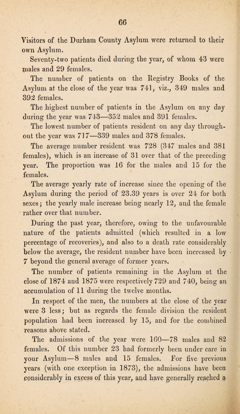 Visitors of the Durham County Asylum were returned to their own Asylum. Seventy-two patients died during the year, of whom 43 were males and 29 females. The number of patients on the Registry Books of the Asylum at the close of the year was 741, viz., 349 males and 392 females. The highest number of patients in the Asylum on any day during the year was 743—352 males and 391 females. The lowest number of patients resident on any day through¬ out the year was 717—339 males and 378 females. The average number resident was 728 (347 males and 381 females), which is an increase of 31 over that of the preceding year. The proportion was 16 for the males and 15 for the females. The average yearly rate of increase since the opening of the Asylum during the period of 23.39 years is over 24 for both sexes; the yearly male increase being nearly 12, and the female rather over that number. During the past year, therefore, owing to the unfavourable nature of the patients admitted (which resulted in a low percentage of recoveries), and also to a death rate considerably below the average, the resident number have been increased by 7 beyond the general average of former years. The number of patients remaining in the Asylum at the close of 1874 and 1875 were respectively 729 and 740, being an accumulation of 11 during the twelve months. In respect of the men, the numbers at the close of the year were 3 less; but as regards the female division the resident population had been increased by 15, and for the combined reasons above stated. The admissions of the year were 160—78 males and 82 females. Of this number 23 had formerly been under care in your Asylum—8 males and 15 females. Tor five previous years (with one exception in 1873), the admissions have been considerably in excess of this year, and have generally reached a