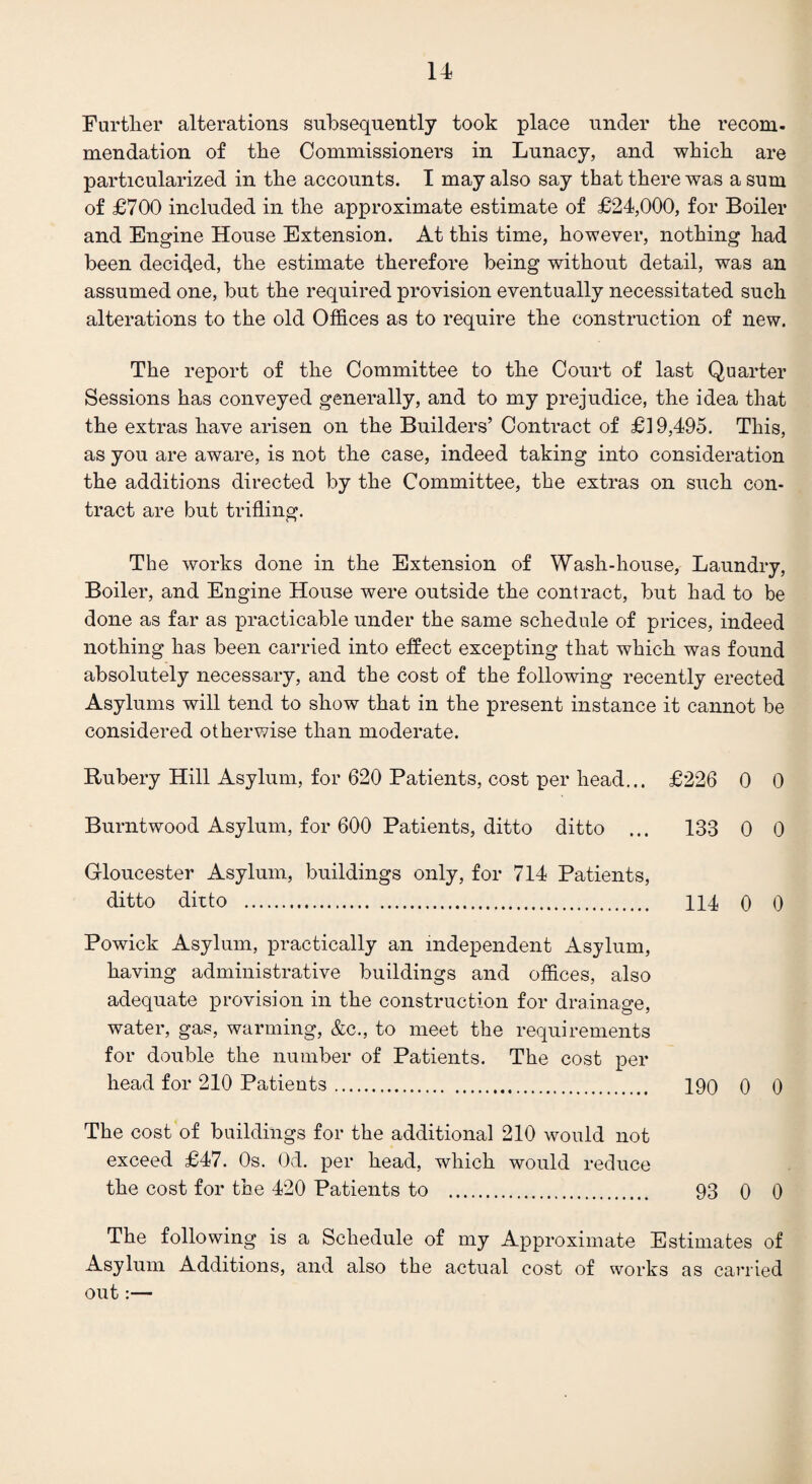 Further alterations subsequently took place under the recom- mendation of the Commissioners in Lunacy, and which are particularized in the accounts. I may also say that there was a sum of £700 included in the approximate estimate of £24,000, for Boiler and Engine House Extension. At this time, however, nothing had been decided, the estimate therefore being without detail, was an assumed one, but the required provision eventually necessitated such alterations to the old Offices as to require the construction of new. The report of the Committee to the Court of last Quarter Sessions has conveyed generally, and to my prejudice, the idea that the extras have arisen on the Builders’ Contract of £19,495. This, as you are aware, is not the case, indeed taking into consideration the additions directed by the Committee, the extras on such con¬ tract are but trifling. The works done in the Extension of Wash-house, Laundry, Boiler, and Engine House were outside the contract, but had to be done as far as practicable under the same schedule of prices, indeed nothing has been carried into effect excepting that which was found absolutely necessary, and the cost of the following recently erected Asylums will tend to show that in the present instance it cannot be considered otherwise than moderate. Rubery Hill Asylum, for 620 Patients, cost per head... £226 0 0 Burntwood Asylum, for 600 Patients, ditto ditto ... 133 0 0 Gloucester Asylum, buildings only, for 714 Patients, ditto ditto . 114 o <) Powick Asylum, practically an independent Asylum, having administrative buildings and offices, also adequate provision in the construction for drainage, water, gas, warming, &c., to meet the requirements for double the number of Patients. The cost per head for 210 Patients. 190 0 0 The cost of buildings for the additional 210 would not exceed £47. 0s. Od. per head, which would reduce the cost for the 420 Patients to . 93 0 0 The following is a Schedule of my Approximate Estimates of Asylum Additions, and also the actual cost of works as carried out :—