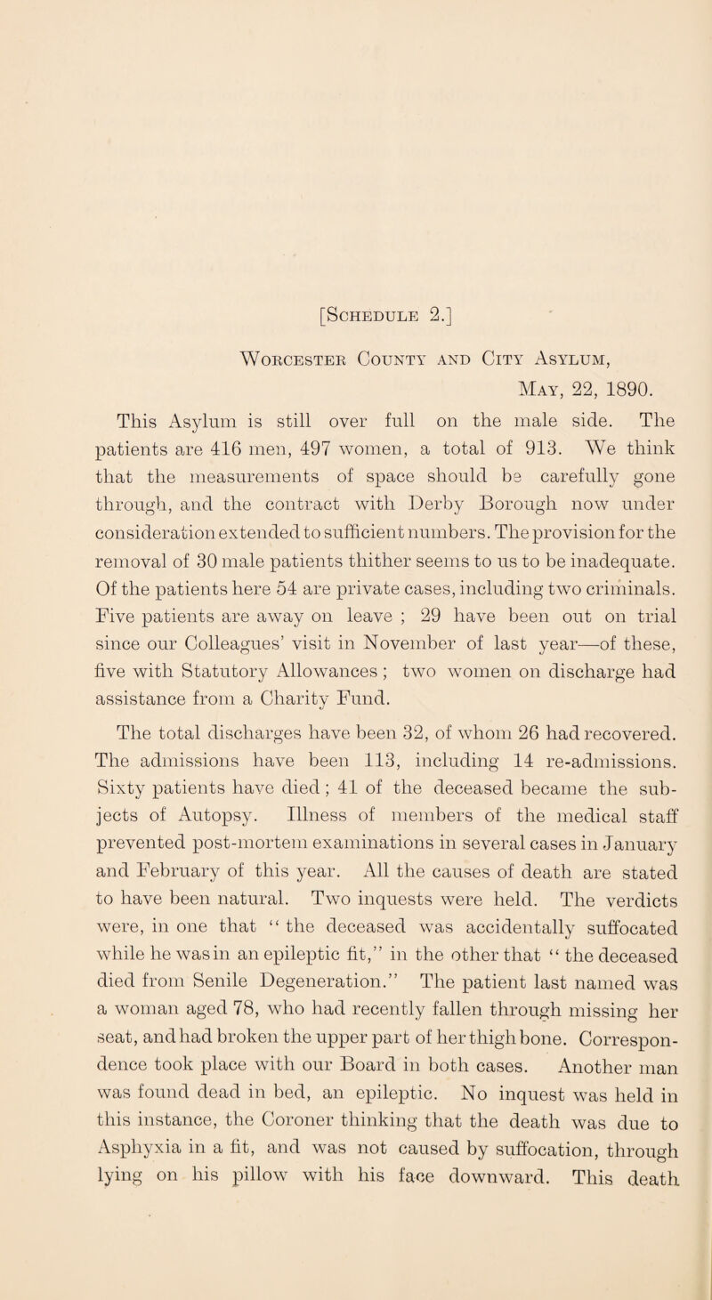 Worcester County and City Asylum, May, 22, 1890. This Asylum is still over full on the male side. The patients are 416 men, 497 women, a total of 913. We think that the measurements of space should be carefully gone through, and the contract with Derby Borough now under consideration extended to sufficient numbers. The provision for the removal of 30 male patients thither seems to us to be inadequate. Of the patients here 54 are private cases, including two criminals. Five patients are away on leave ; 29 have been out on trial since our Colleagues’ visit in November of last year—of these, five with Statutory Allowances; two women on discharge had assistance from a Charity Fund. The total discharges have been 32, of whom 26 had recovered. The admissions have been 113, including 14 re-admissions. Sixty patients have died; 41 of the deceased became the sub¬ jects of Autopsy. Illness of members of the medical staff prevented post-mortem examinations in several cases in January and February of this year. All the causes of death are stated to have been natural. Two inquests were held. The verdicts were, in one that “ the deceased was accidentally suffocated while he was in an epileptic fit,” in the other that “ the deceased died from Senile Degeneration.” The patient last named was a woman aged 78, who had recently fallen through missing her seat, and had broken the upper part of her thigh bone. Correspon¬ dence took place with our Board in both cases. Another man was found dead in bed, an epileptic. No inquest was held in this instance, the Coroner thinking that the death was due to Asphyxia in a fit, and was not caused by suffocation, through lying on his pillow with his face downward. This death