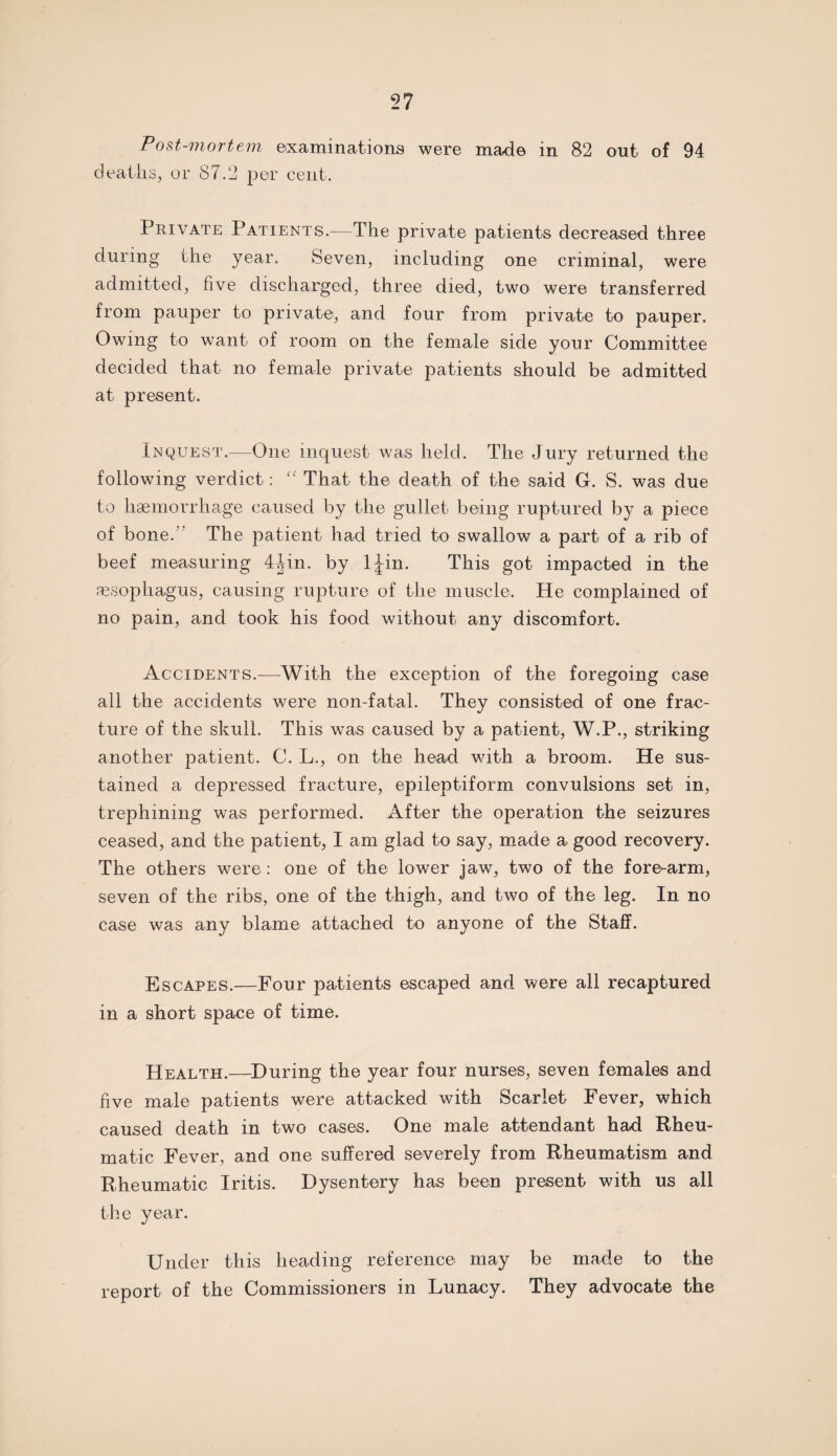 Post-mortem examinations were made in 82 out of 94 deaths, or 87.2 per cent. Private Patients.—The private patients decreased three during the year. Seven, including one criminal, were admitted, five discharged, three died, two were transferred from pauper to private, and four from private to pauper. Owing to want of room on the female side your Committee decided that no female private patients should be admitted at present. Inquest.—One inquest was held. The Jury returned the following verdict: “ That the death of the said G. S. was due to haemorrhage caused by the gullet being ruptured by a piece of bone.” The patient had tried to swallow a part of a rib of beef measuring 4Jin. by ljin. This got impacted in the oesophagus, causing rupture of the muscle. He complained of no pain, and took his food without any discomfort. Accidents.—With the exception of the foregoing case all the accidents were non-fatal. They consisted of one frac¬ ture of the skull. This was caused by a patient, W.P., striking another patient. C. L., on the head with a broom. He sus¬ tained a depressed fracture, epileptiform convulsions set in, trephining was performed. After the operation the seizures ceased, and the patient, I am glad to say, made a good recovery. The others were : one of the lower jaw, two of the fore^arm, seven of the ribs, one of the thigh, and two of the leg. In no case was any blame attached to anyone of the Staff. Escapes.—Four patients escaped and were all recaptured in a short space of time. Health.—During the year four nurses, seven females and five male patients were attacked with Scarlet Fever, which caused death in two cases. One male attendant had Rheu¬ matic Fever, and one suffered severely from Rheumatism and Rheumatic Iritis. Dysentery has been present with us all the year. Under this heading reference may be made to the report of the Commissioners in Lunacy. They advocate the