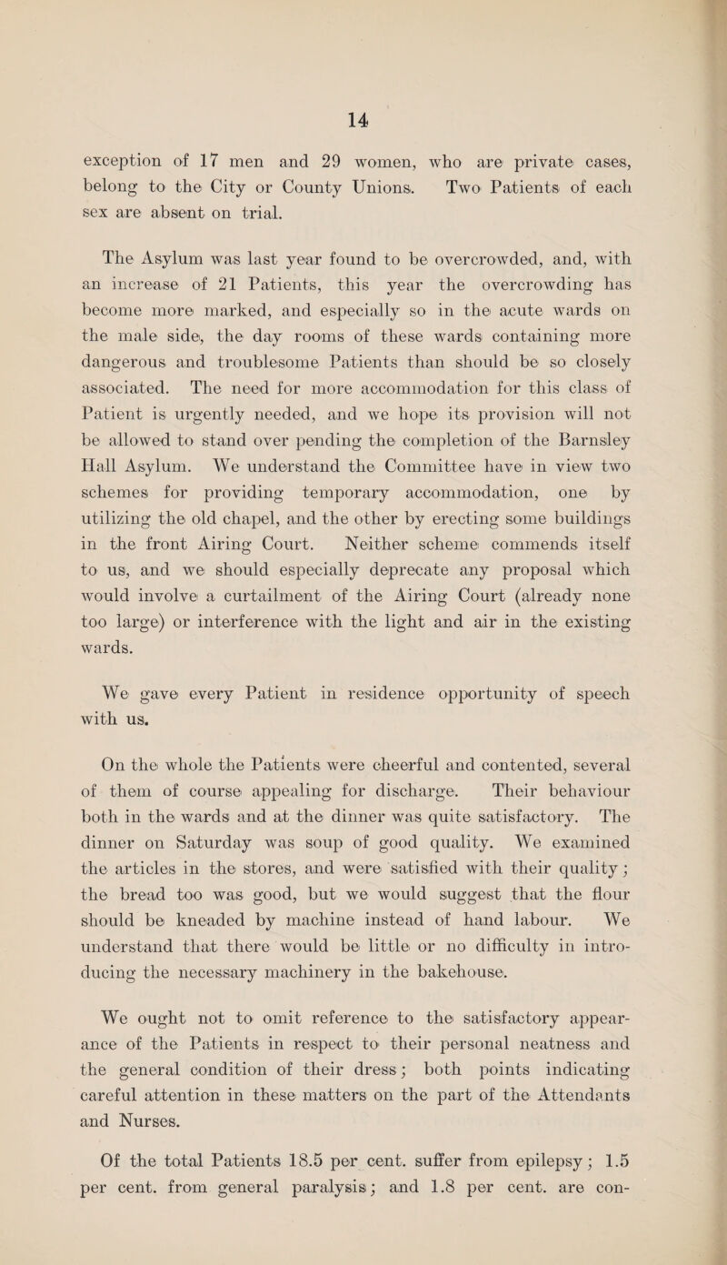 exception of 17 men and 29 women, who are- private cases, belong to the City or County Unions. Two Patients of each sex are absent on trial. The Asylum was last year found to be overcrowded, and, with an increase of 21 Patients, this year the overcrowding has become more marked, and especially so in the acute wards on the male- side-, the day rooms of these wards containing more dangerous and troublesome Patients than should be so closely associated. The need for more accommodation for this class of Patient is urgently needed, and we hope its provision will not be allowed to stand over pending the- completion of the Barnsley Hall Asylum. We understand the Committee have in view two schemes for providing temporary accommodation, one by utilizing the old chapel, and the other by erecting some buildings in the front Airing Court. Neither scheme commends itself to us, and we should especially deprecate any proposal which would involve a curtailment of the Airing Court (already none too large) or interference with the light and air in the existing wards. We gave every Patient in residence opportunity of speech with us. On the whole the Patients were cheerful and contented, several of them of course appealing for discharge. Their behaviour both in the wards and at the dinner was quite satisfactory. The dinner on Saturday was soup of good quality. We examined the articles in the- stores, and were satisfied with their quality; the bread too was good, but we would suggest that the flour should be kneaded by machine instead of hand labour. We understand that there would be little or no difficulty in intro¬ ducing the necessary machinery in the bakehouse. We ought not to omit reference to the satisfactory appear¬ ance of the Patients in respect to- their personal neatness and the general condition of their dress; both points indicating careful attention in these matters on the part of the- Attendants and Nurses. Of the total Patients 18.5 per cent, suffer from epilepsy; 1.5 per cent, from general paralysis; and 1.8 per cent, are con-