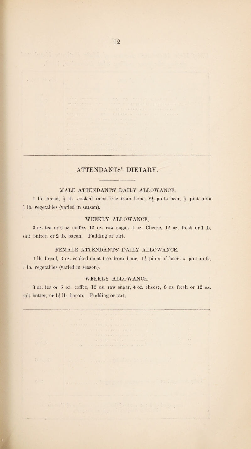 ATTENDANTS’ DIETARY. MALE ATTENDANTS’ DAILY ALLOWANCE. 1 lb. bread, h lb. cooked meat free from bone, 2| pints beer, h pint milK 1 lb. vegetables (varied in season). WEEKLY ALLOWANCE. 3 oz. tea or 6 oz. coffee, 12 oz. raw sugar, 4 oz. Cheese, 12 oz. fresh or 1 lb. salt butter, or 2 lb. bacon. Pudding or tart. FEMALE ATTENDANTS’ DAILY ALLOWANCE. 1 lb. bread, 6 oz. cooked meat free from bone, 1§ pints of beer, h pint milk, 1 lb. vegetables (varied in season). WEEKLY ALLOWANCE. 3 oz. tea or 6 oz. coffee, 12 oz. raw sugar, 4 oz. cheese, 8 oz. fresh or 12 oz. salt butter, or lh lb. bacon. Pudding or tart.