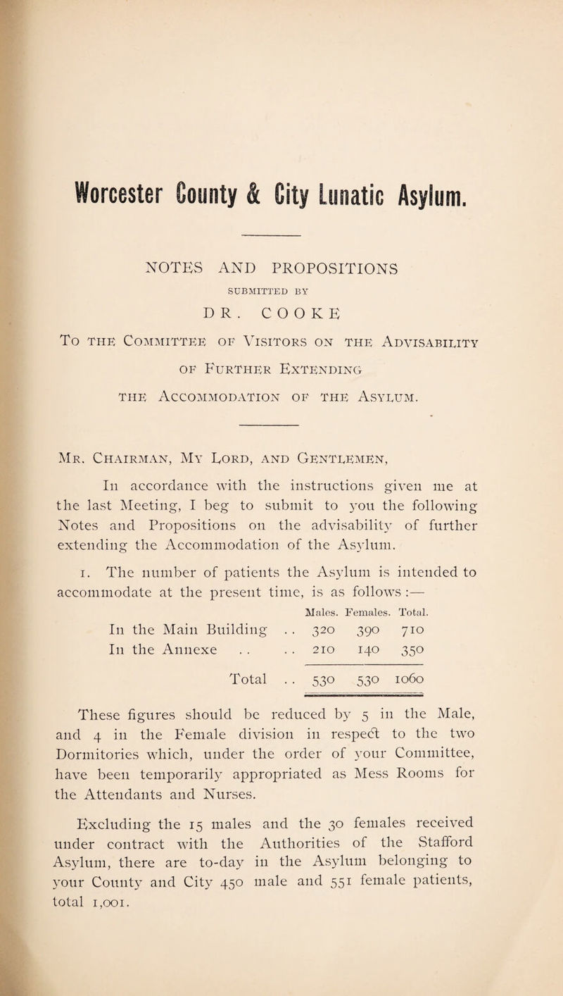 Worcester County & City Lunatic Asylum. NOTES AND PROPOSITIONS SUBMITTED BY DR. COOKE To the Committee of Visitors on the Advisability of Further Extending the Accommodation of the Asylum. Mr. Chairman, My Eord, and Gentlemen, In accordance with the instructions given me at the last Meeting, I beg to submit to you the following Notes and Propositions on the advisability of further extending the Accommodation of the Asylum. i. The number of patients the Asylum is intended to accommodate at the present time, is as follows :— Males. Females. Total. In the Main Building . . 320 390 710 I11 the Annexe . . . . 210 140 350 Total . . 530 530 1060 These figures should be reduced by 5 in the Male, and 4 in the Female division in respedt to the two Dormitories which, under the order of your Committee, have been temporarily appropriated as Mess Rooms for the Attendants and Nurses. Excluding the 15 males and the 30 females received under contract with the Authorities of the Stafford Asylum, there are to-day in the Asylum belonging to your County and City 450 male and 551 female patients, total 1,001.