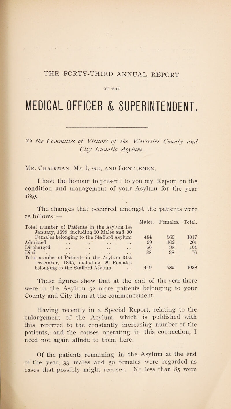 THE FORTY-THIRD ANNUAL REPORT OF THE MEDICAL OFFICER L SUPERINTENDENT. To the Committee of Visitors of the Worcester County and City Lunatic Asylum. Mr. Chairman, My Cord, and Gentdemen, I have the honour to present to you my Report on the condition and management of your Asylum for the }^ear 1895. The changes that occurred amongst the patients were as follows:— Males. Females. Total. Total number of Patients in the Asylum 1st January, 1895, including 30 Males and 30 Females belonging to the Stafford Asylum 454 563 1017 Admitted 99 102 201 Discharged 66 38 104 Died 38 38 76 Total number of Patients in the Asylum 31st December, 1895, including 29 Females belonging to the Stafford Asylum 449 589 1038 These figures show that at the end of the year there were in the Asylum 52 more patients belonging to }rour County and City than at the commencement. Having recently in a Special Report, relating to the enlargement of the Asylum, which is published with this, referred to the constantly increasing number of the patients, and the causes operating in this connection, I need not again allude to them here. Of the patients remaining in the Asylum at the end of the year, 33 males and 50 females were regarded as cases that possibly might recover. No less than 85 were