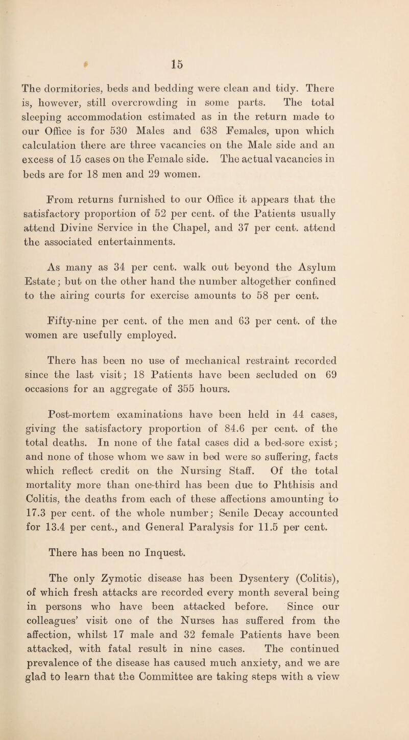 The dormitories, beds and bedding were clean and tidy. There is, however, still overcrowding in some parts. The total sleeping accommodation estimated as in the return made to our Office is for 530 Males and 638 Females, upon which calculation there are three vacancies on the Male side and an excess of 15 cases on the Female side. The actual vacancies in beds are for 18 men and 29 women. From returns furnished to our Office it appears that the satisfactory proportion of 52 per cent, of the Patients usually attend Divine Service in the Chapel, and 37 per cent, attend the associated entertainments. As many as 34 per cent, walk out beyond the Asylum Estate; but on the other hand the number altogether confined to the airing courts for exercise amounts to 58 per cent. Fifty-nine per cent, of the men and 63 per cent, of the women are usefully employed. There has been no use of mechanical restraint recorded since the last visit; 18 Patients have been secluded on 69 occasions for an aggregate of 355 hours. Post-mortem examinations have been held in 44 cases, giving the satisfactory proportion of 84.6 per cent, of the total deaths. In none of the fatal cases did a bed-sore exist; and none of those whom we saw in bed were so suffering, facts which reflect credit on the Nursing Staff5. Of the total mortality more than one-third lias been due to Phthisis and Colitis, the deaths from each of these affections amounting to 17.3 per cent, of the whole number; Senile Decay accounted for 13.4 per cent., and General Paralysis for 11.5 per cent. There has been no Inquest. The only Zymotic disease has been Dysentery (Colitis), of which fresh attacks are recorded every month several being in persons who have been attacked before. Since our colleagues’ visit one of the Nurses has suffered from the affection, whilst 17 male and 32 female Patients have been attacked, with fatal result in nine cases. The continued prevalence of the disease has caused much anxiety, and we are glad to learn that the Committee are taking steps with a view