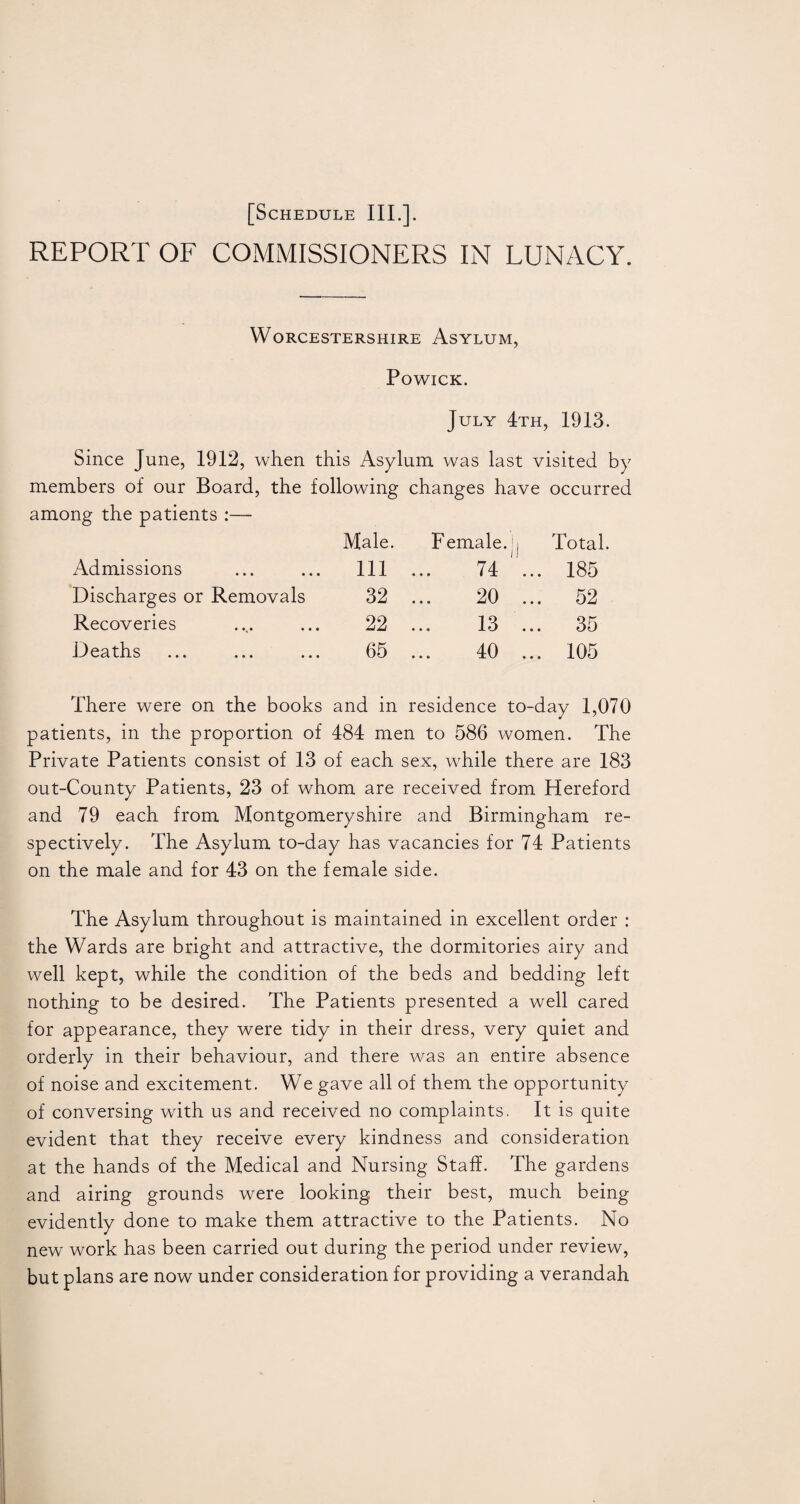 REPORT OF COMMISSIONERS IN LUNACY. Worcestershire Asylum, Powick. July 4th, 1913. Since June, 1912, when this Asylum was last visited by members of our Board, the following changes have occurred among the patients :— Admissions Discharges or Removals Recoveries Deaths Male. Female, jj Total. Ill ... 74 ' ... 185 32 ... 20 ... 52 22 ... 13 ... 35 65 ... 40 ... 105 There were on the books and in residence to-day 1,070 patients, in the proportion of 484 men to 586 women. The Private Patients consist of 13 of each sex, while there are 183 out-County Patients, 23 of whom are received from Hereford and 79 each from Montgomeryshire and Birmingham re¬ spectively. The Asylum to-day has vacancies for 74 Patients on the male and for 43 on the female side. The Asylum throughout is maintained in excellent order : the Wards are bright and attractive, the dormitories airy and well kept, while the condition of the beds and bedding left nothing to be desired. The Patients presented a well cared for appearance, they were tidy in their dress, very quiet and orderly in their behaviour, and there was an entire absence of noise and excitement. We gave all of them the opportunity of conversing with us and received no complaints. It is quite evident that they receive every kindness and consideration at the hands of the Medical and Nursing Staff. The gardens and airing grounds were looking their best, much being evidently done to make them attractive to the Patients. No new work has been carried out during the period under review, but plans are now under consideration for providing a verandah