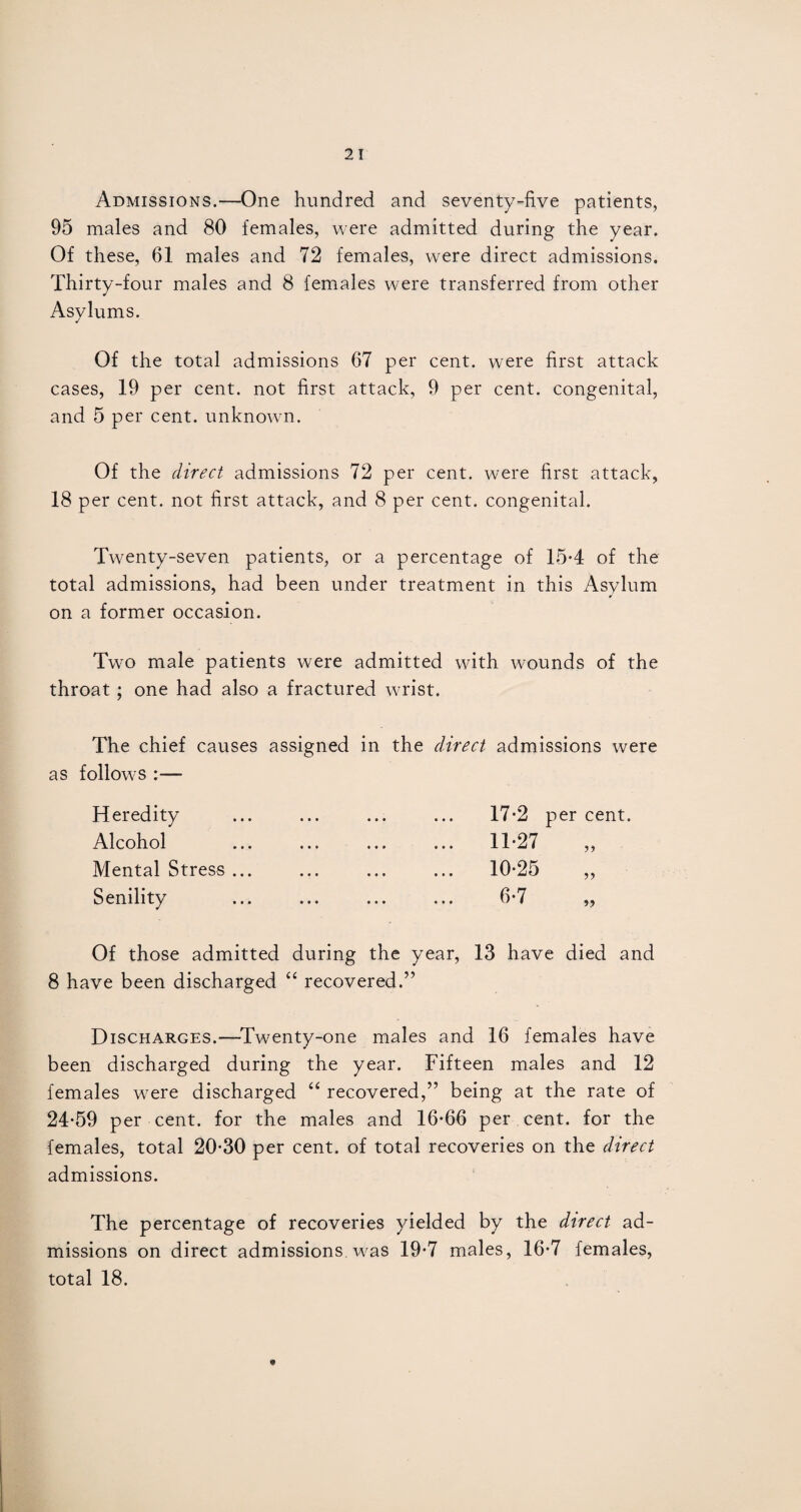 Admissions.—One hundred and seventy-five patients, 95 males and 80 females, were admitted during the year. Of these, 61 males and 72 females, were direct admissions. Thirty-four males and 8 females were transferred from other Asylums. Of the total admissions 67 per cent, were first attack cases, 19 per cent, not first attack, 9 per cent, congenital, and 5 per cent, unknown. Of the direct admissions 72 per cent, were first attack, 18 per cent, not first attack, and 8 per cent, congenital. Twenty-seven patients, or a percentage of 15-4 of the total admissions, had been under treatment in this Asylum on a former occasion. Two male patients were admitted with wounds of the throat ; one had also a fractured wrist. The chief causes assigned in the direct admissions were as follows ;— Heredity Alcohol Mental Stress ... Senility Of those admitted during the year, 13 have died and 8 have been discharged “ recovered.” Discharges.—-Twenty-one males and 16 females have been discharged during the year. Fifteen males and 12 females were discharged “ recovered,” being at the rate of 24*59 per cent, for the males and 16*66 per cent, for the females, total 20*30 per cent, of total recoveries on the direct admissions. The percentage of recoveries yielded by the direct ad¬ missions on direct admissions, was 19*7 males, 16*7 females, total 18. 17*2 per cent. 11*27 10*25 6*7 y> t