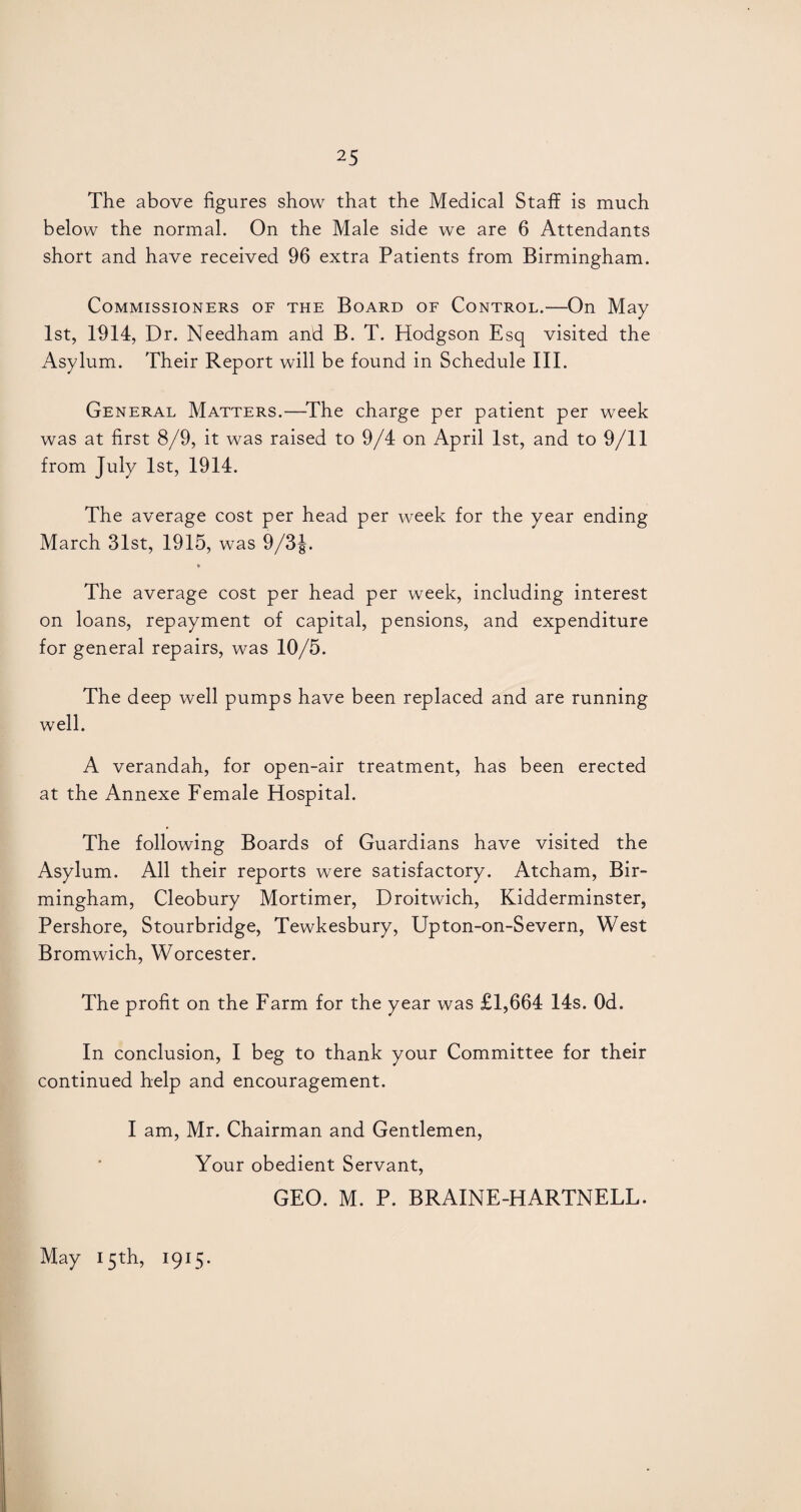 The above figures show that the Medical Staff is much below the normal. On the Male side we are 6 Attendants short and have received 96 extra Patients from Birmingham. Commissioners of the Board of Control.—On May 1st, 1914, Dr. Needham and B. T. Hodgson Esq visited the Asylum. Their Report will be found in Schedule III. General Matters.—The charge per patient per week was at first 8/9, it was raised to 9/4 on April 1st, and to 9/11 from July 1st, 1914. The average cost per head per week for the year ending March 31st, 1915, was 9/3J. * The average cost per head per week, including interest on loans, repayment of capital, pensions, and expenditure for general repairs, was 10/5. The deep well pumps have been replaced and are running well. A verandah, for open-air treatment, has been erected at the Annexe Female Hospital. The following Boards of Guardians have visited the Asylum. All their reports were satisfactory. Atcham, Bir¬ mingham, Cleobury Mortimer, Droitwich, Kidderminster, Pershore, Stourbridge, Tewkesbury, Upton-on-Severn, West Bromwich, Worcester. The profit on the Farm for the year was £1,664 14s. Od. In conclusion, I beg to thank your Committee for their continued help and encouragement. I am, Mr. Chairman and Gentlemen, Your obedient Servant, GEO. M. P. BRAINE-HARTNELL. May 15th, 1915.