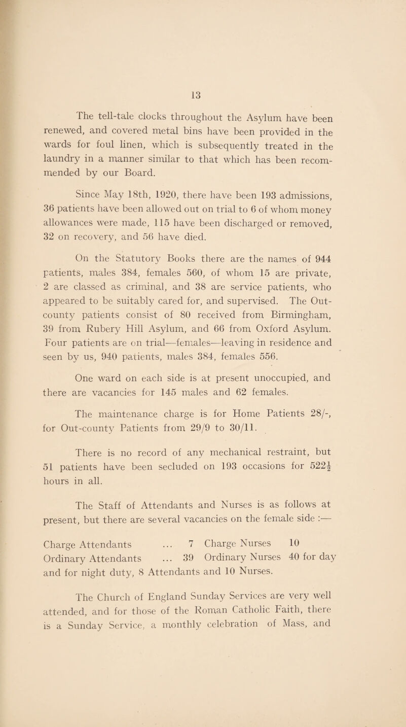The tell-tale clocks throughout the Asylum, have been renewed, and covered metal bins have been provided in the wards for foul linen, which is subsequently treated in the laundry in a manner similar to that which has been recom¬ mended by our Board. Since May 18th, 1920, there have been 193 admissions, 36 patients have been allowed out on trial to 6 of whom money allowances were made, 115 have been discharged or removed, 32 on recovery, and 56 have died. On the Statutory Books there are the names of 944 patients, males 384, females 560, of whom 15 are private, 2 are classed as criminal, and 38 are service patients, who appeared to be suitably cared for, and supervised. The Out- county patients consist of 80 received from Birmingham, 39 from Rubery Hill Asylum, and 66 from Oxford Asylum. Four patients are on trial—females—leaving in residence and seen by us, 940 patients, males 384, females 556. One ward on each side is at present unoccupied, and there are vacancies for 145 males and 62 females. The maintenance charge is for Home Patients 28/-, for Out-county Patients from 29/9 to 30/11. There is no record of any mechanical restraint, but 51 patients have been secluded on 193 occasions for 522| hours in all. The Staff of Attendants and Nurses is as follows at present, but there are several vacancies on the female side Charge Attendants ... 7 Charge Nurses 10 Ordinary Attendants ... 39 Ordinary Nurses 40 for day and for night duty, 8 Attendants and 10 Nurses. The Church of England Sunday Services are very well attended, and for those of the Roman Catholic Faith, there is a Sunday Service, a monthly celebration of Mass, and