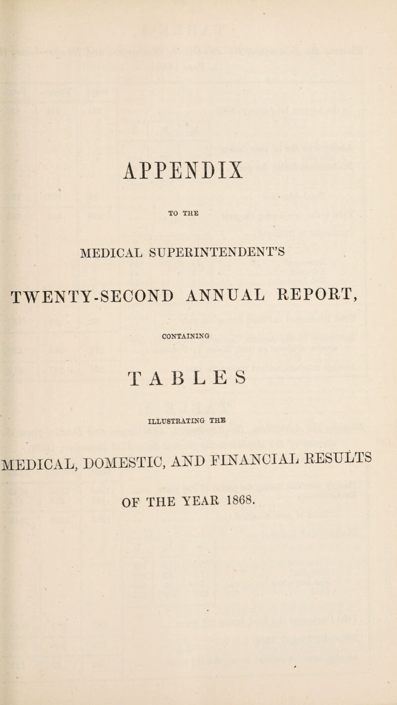 APPENDIX TO THE MEDICAL SUPERINTENDENT’S TWENTY-SECOND ANNUAL REPORT, CONTAINING TABLES ILLUSTRATING THE MEDICAL, DOMESTIC, AND FINANCIAL RESULTS OF THE YEAR 1868.