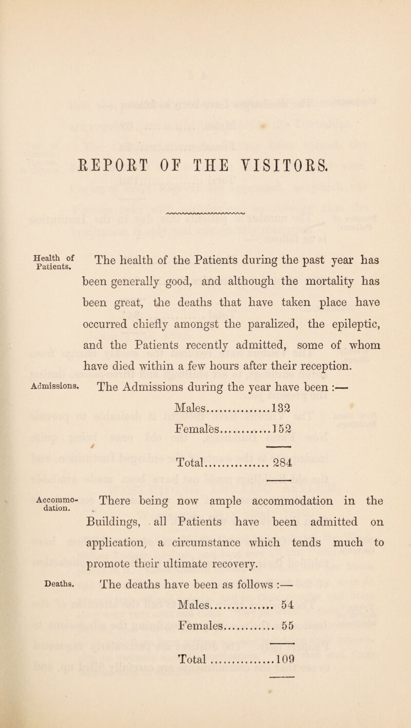 EEPOET OF THE YISITOES. Health of Patients. Admissions. Accommo¬ dation. Deaths. The health of the Patients during the past year has been generally good, and although the mortality has been great, the deaths that have taken place have occurred chiefly amongst the paralized, the epileptic, and the Patients recently admitted, some of whom have died within a few hours after their reception. The Admissions during the year have been :— Males.132 Females.1 52 Total.284 There being now ample accommodation in the Buildings, all Patients have been admitted on application, a circumstance which tends much to promote their ultimate recovery. The deaths have been as follows :— Males. 54 Females. 55