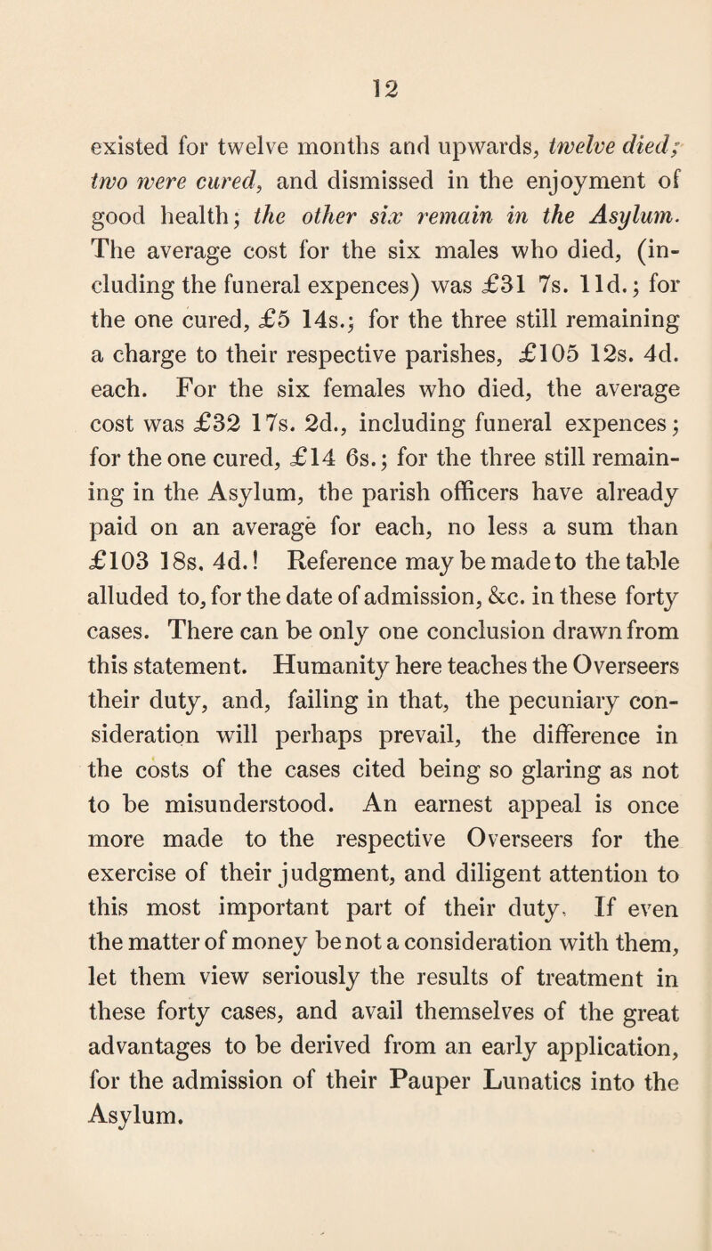 existed for twelve months and upwards, twelve died; two were cured, and dismissed in the enjoyment of good health; the other six remain in the Asylum. The average cost for the six males who died, (in¬ cluding the funeral expences) was £31 7s. lid.; for the one cured, £5 14s.; for the three still remaining a charge to their respective parishes, £105 12s. 4d. each. For the six females who died, the average cost was £32 17s. 2d., including funeral expences; for the one cured, £14 6s.; for the three still remain¬ ing in the Asylum, the parish officers have already paid on an average for each, no less a sum than £103 18s, 4d.! Reference may be made to the table alluded to, for the date of admission, &c. in these forty cases. There can be only one conclusion drawn from this statement. Humanity here teaches the Overseers their duty, and, failing in that, the pecuniary con¬ sideration will perhaps prevail, the difference in the costs of the cases cited being so glaring as not to be misunderstood. An earnest appeal is once more made to the respective Overseers for the exercise of their judgment, and diligent attention to this most important part of their duty, If even the matter of money be not a consideration with them, let them view seriously the results of treatment in these forty cases, and avail themselves of the great advantages to be derived from an early application, for the admission of their Pauper Lunatics into the Asylum.