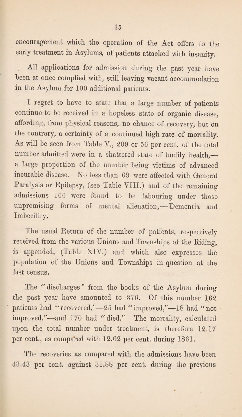 encouragement which the operation of the Act offers to the early treatment in Asylums, of patients attacked with insanity. All applications for admission during the past year have been at once complied with, still leaving vacant accommodation in the Asylum for 100 additional patients. I regret to have to state that a large number of patients continue to be received in a hopeless state of organic disease, affording, from physical reasons, no chance of recovery, but on the contrary, a certainty of a continued high rate of mortality. As will be seen from Table V., 209 or 56 per cent, of the total number admitted were in a shattered state of bodily health,— a large proportion of the number being victims of advanced incurable disease. No less than 69 were affected with General Paralysis or Epilepsy, (see Table VIII.) and of the remaining admissions 166 were found to be labouring under those unpromising forms of mental alienation, — Dementia and Imbecility. The usual Return of the number of patients, respectively received from the various Unions and Townships of the Riding, is appended, (Table XIV.) and which also expresses the population of the Unions and Townships in question at the last census. The “ discharges ” from the books of the Asylum during the past year have amounted to 376. Of this number 162 patients had “recovered,”—25 had “improved,”—18 had “not improved,”—and 170 had “died.” The mortality, calculated upon the total number under treatment, is therefore 12.17 per cent., as compared with 12.02 per cent, during 1861. The recoveries as compared with the admissions have been 43.43 per cent, against 31.88 per cent, during the previous