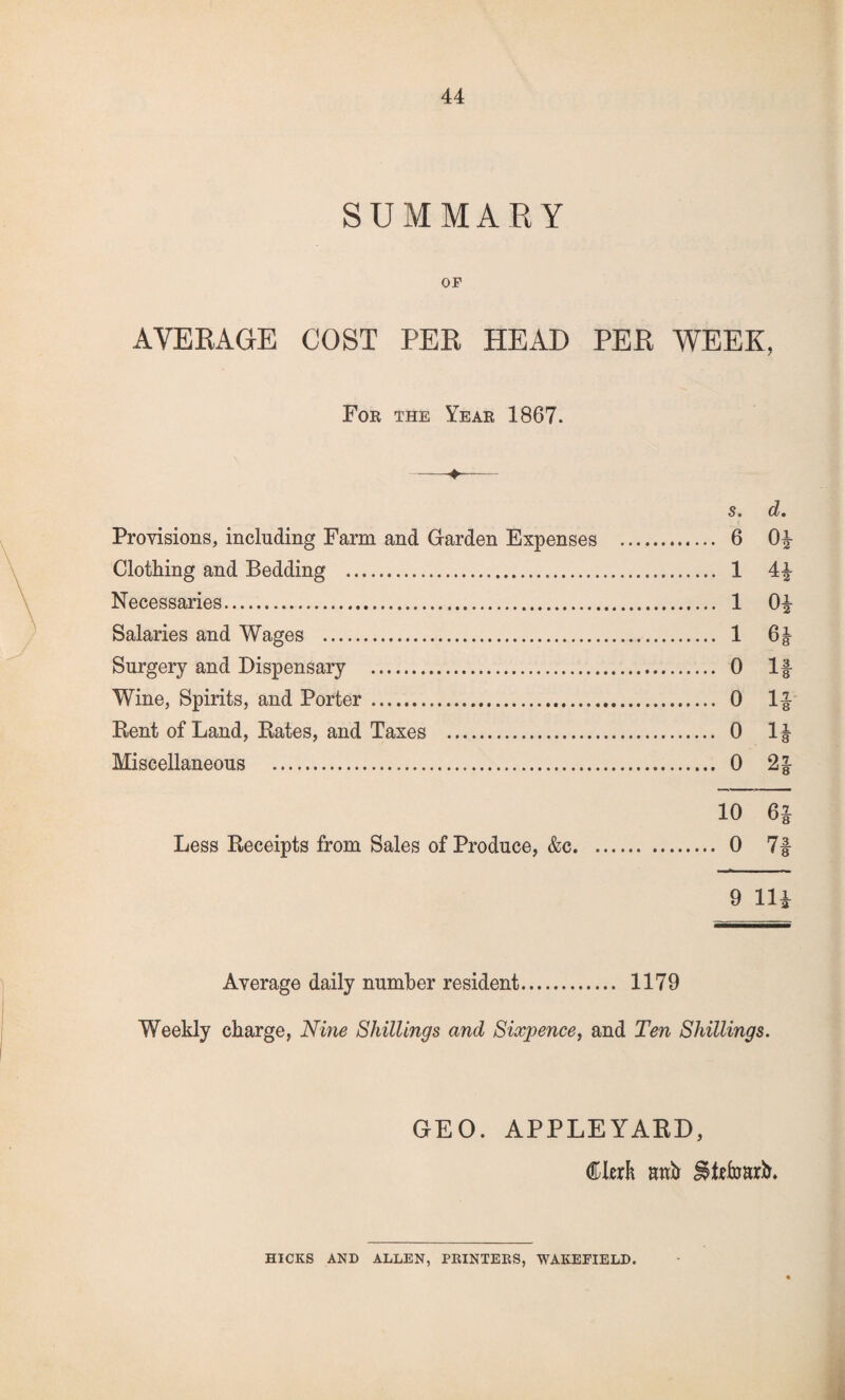 44 SUMMARY OF AVERAGE COST PER HEAD PER WEEK, For the Year 1867. Provisions, including Farm and Garden Expenses . 6 0|- Clothing and Bedding . 1 4^ Necessaries. 1 0|- Salaries and Wages . 1 Surgery and Dispensary . 0 If Wine, Spirits, and Porter. 0 If Rent of Land, Rates, and Taxes . 0 If Miscellaneous . 0 2f 10 6 Less Receipts from Sales of Produce, &c. 0 7 Average daily number resident. 1179 Weekly charge, Nine Shillings and Sixpence, and Ten Shillings. GEO. APPLEYARD, dGerh anh HICKS AND ALLEN, PRINTERS, WAKEFIELD. t'leo m|oo