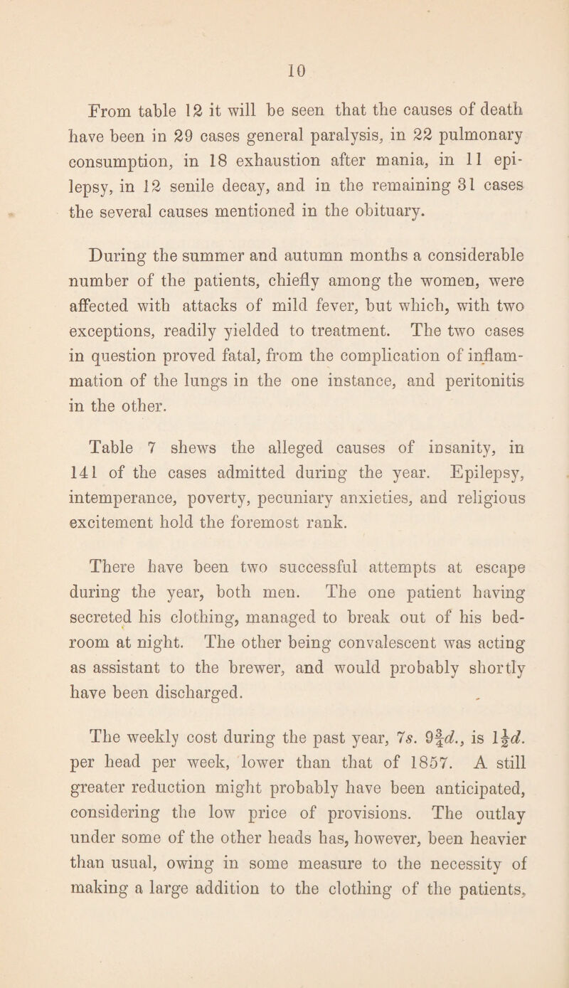 From table 12 it will be seen that the causes of death have been in 29 cases general paralysis, in 22 pulmonary consumption, in 18 exhaustion after mania, in 11 epi¬ lepsy, in 12 senile decay, and in the remaining 31 cases the several causes mentioned in the obituary. During the summer and autumn months a considerable number of the patients, chiefly among the women, were affected with attacks of mild fever, but which, with two exceptions, readily yielded to treatment. The two cases in question proved fatal, from the complication of inflam¬ mation of the lungs in the one instance, and peritonitis in the other. Table 7 shews the alleged causes of insanity, in 141 of the cases admitted during the year. Epilepsy, intemperance, poverty, pecuniary anxieties, and religious excitement hold the foremost rank. There have been two successful attempts at escape during the year, both men. The one patient having secreted his clothing, managed to break out of his bed¬ room at night. The other being convalescent was acting as assistant to the brewer, and would probably shortly have been discharged. The weekly cost during the past year, 7s. 9fd., is 1 \d. per head per week, lower than that of 1857. A still greater reduction might probably have been anticipated, considering the low price of provisions. The outlay under some of the other heads has, however, been heavier than usual, owing in some measure to the necessity of making a large addition to the clothing of the patients.