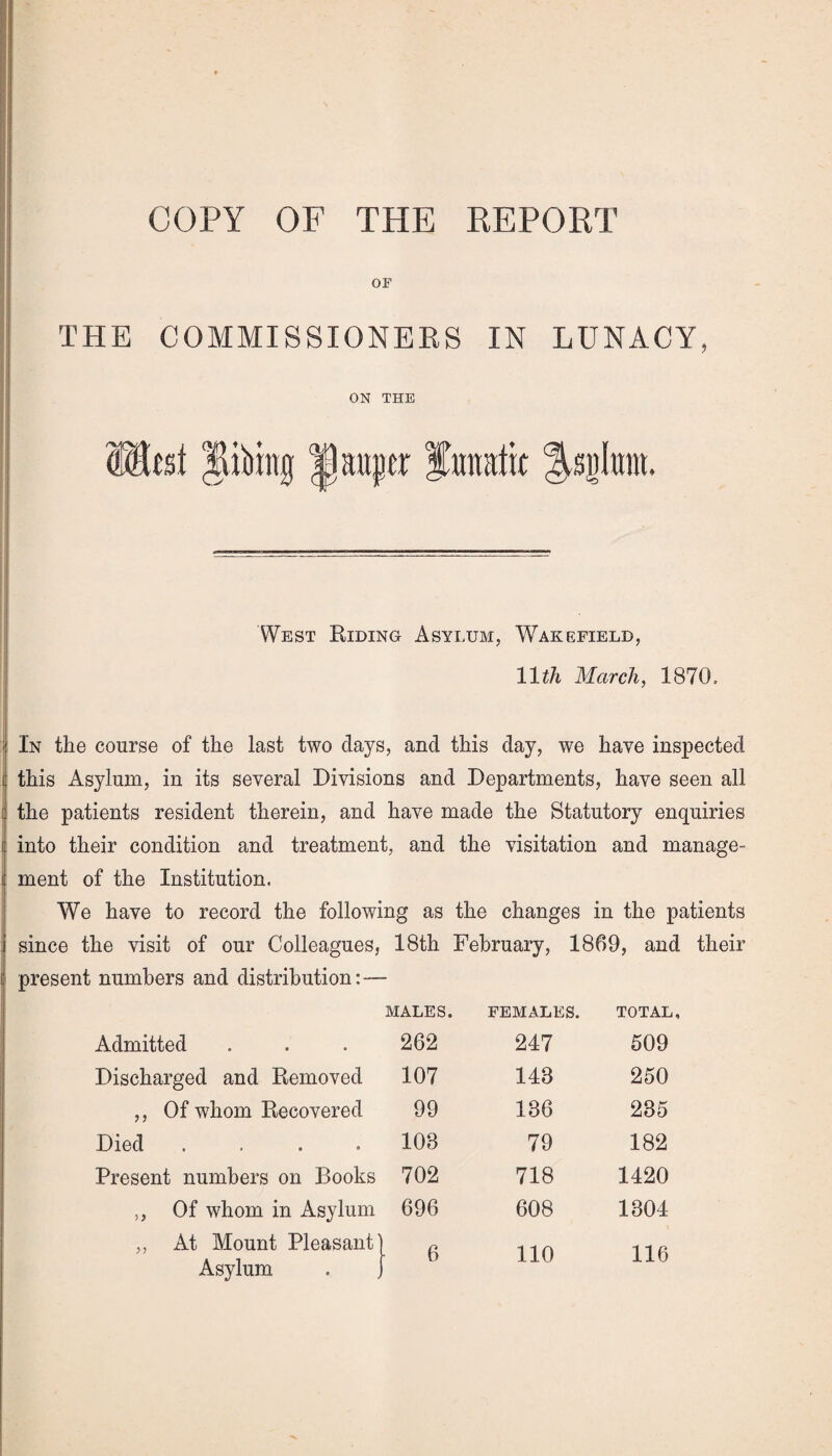 COPY OF THE REPORT OF THE COMMISSIONERS IN LUNACY, ON THE <fet Jibing JjanpH funatit ^sghmt. West Riding Asylum, Wakefield, 11th March, 1870, In the course of the last two clays, and this day, we have inspected this Asylum, in its several Divisions and Departments, have seen all the patients resident therein, and have made the Statutory enquiries into their condition and treatment, and the visitation and manage¬ ment of the Institution. We have to record the following as the changes in the patients since the visit of our Colleagues, 18th February, 1869, and their present numbers and distribution:— MALES. FEMALES. TOTAL, Admitted 262 247 509 Discharged and Removed 107 143 250 ,, Of whom Recovered 99 136 235 Died .... 103 79 182 Present numbers on Books 702 718 1420 ,, Of whom in Asylum 696 608 1304 ,, At Mount Pleasant' Asylum . j i 6 110 116