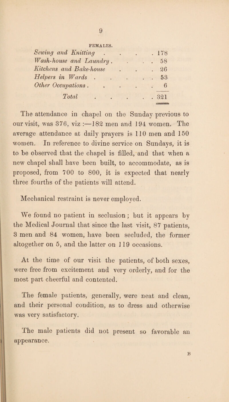 FEMALES. Sewing and Knitting . . . .178 Wash-liouse and Laundry. . 58 Kitchens and Bake-house . . .26 Helpers in Wards . . . 53 Other Occupations..... 6 Total.321 The attendance in chapel on the Sunday previous to our visit, was 376, viz :—182 men and 194 women. The average attendance at daily prayers is 110 men and 150 women. In reference to divine service on Sundays, it is to he observed that the chapel is filled, and that when a new chapel shall have been built, to accommodate, as is proposed, from 700 to 800, it is expected that nearly three fourths of the patients will attend. Mechanical restraint is never employed. We found no patient in seclusion; but it appears by the Medical Journal that since the last visit, 87 patients, 3 men and 84 women, have been secluded, the former altogether on 5, and the latter on 119 occasions. At the time of our visit the patients, of both sexes, were free from excitement and very orderly, and for the most part cheerful and contented. The female patients, generally, were neat and clean, and their personal condition, as to dress and otherwise was very satisfactory. The male patients did not present so favorable an appearance. B