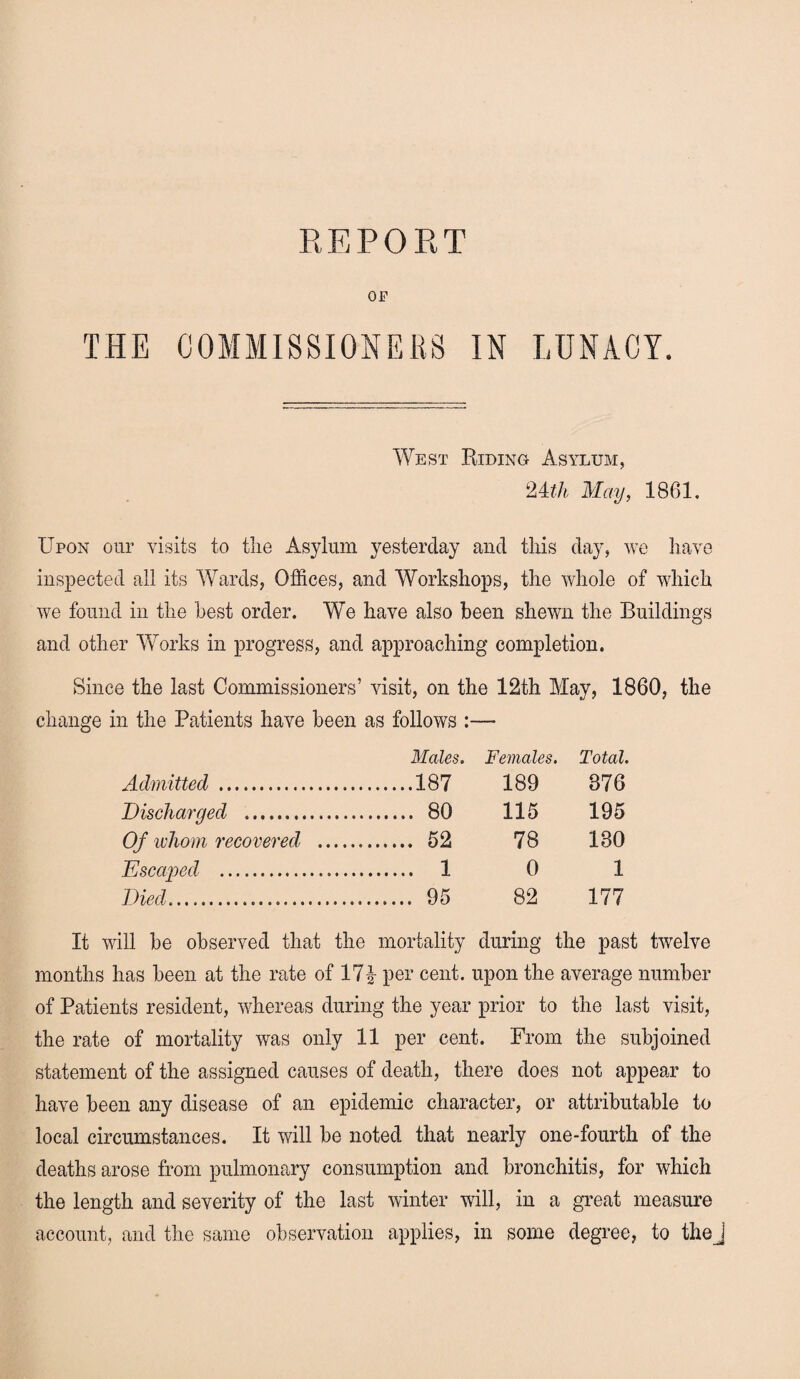 OF THE COMMISSIONERS IN LUNACY. West Riding Asylum, 24th May, 1861. Upon our visits to the Asylum yesterday and this day, we have inspected all its Wards, Offices, and Workshops, the whole of which we found in the Lest order. We have also been shewn the Buildings and other Works in progress, and approaching completion. Since the last Commissioners’ visit, on the 12th May, 1860, the change in the Patients have been as follows :— Males. Females. Total. Admitted . .187 189 876 Discharged .. . 80 115 195 Of whom recovered . . 52 78 180 Escaped . . 1 0 1 Died... . 95 82 177 It will be observed that the mortality during the past twelve months has been at the rate of 174 per cent, upon the average number of Patients resident, whereas during the year prior to the last visit, the rate of mortality was only 11 per cent. From the subjoined statement of the assigned causes of death, there does not appear to have been any disease of an epidemic character, or attributable to local circumstances. It will be noted that nearly one-fourth of the deaths arose from pulmonary consumption and bronchitis, for which the length and severity of the last winter will, in a great measure account, and the same observation applies, in some degree, to thej