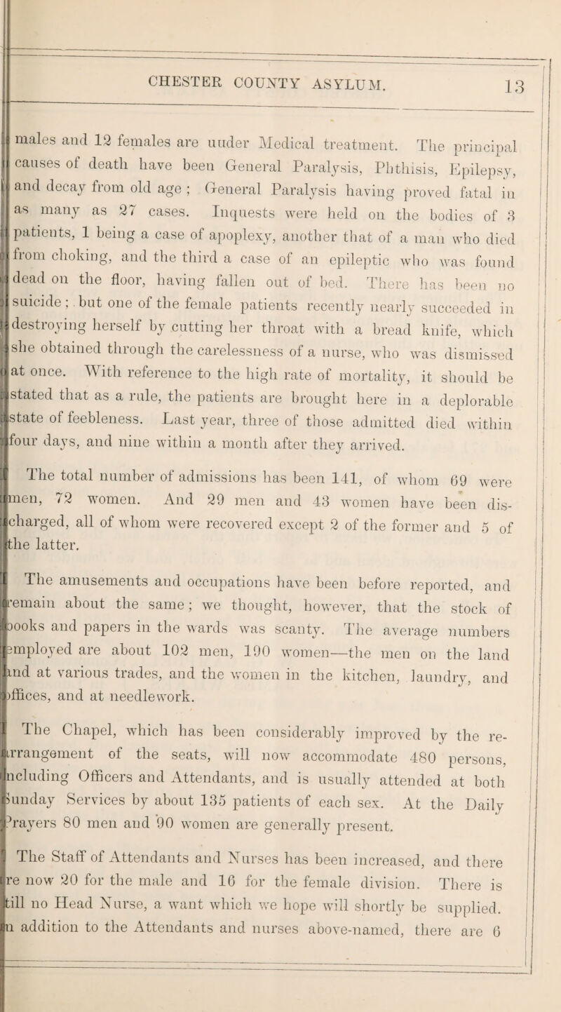 males and 12 females are under Medical treatment. The principal causes of death have been General Paral^^sis, Phthisis, Epilepsy, and decay from old age ; General Paralysis having proved fatal in as many as 27 cases. Inquests were held on the bodies of 8 patients, 1 being a case of apoplexy, another that of a man who died fiom choking, and the third a case of an epileptic who was found dead on the floor, having fallen out of bed. There lias been no suicide; but one of the female patients recently nearly succeeded in destroying herself by cutting her throat with a bread knife, which she obtained through the carelessness of a nurse, who was dismissed Iat once. Mith reference to the high rate of mortality, it should be stated that as a rule, the patients are brought here in a deplorable state of feebleness. Last year, three of those admitted died within j four days, and nine within a month after they arrived. I The total number of admissions has been 111, of whom 69 were I Ilmen, 72 women. And 29 men and 43 women have been dis- '^charged, all of whom were recovered except 2 of the former and 5 of | I the latter. ) The amusements and occupations have been before reported, and ! I remain about the same; we thought, however, that the stock of iDOoks and papeis in tlie wards was scanty. The average numbers Jsmployed are about 102 men, 190 women—the men on the land ^nd at various trades, and the women in the kitchen, laundry, and | Jiffices, and at needlework. j I ^ ^he Chapel, which has been considerably im.proved by the re- Eirrangement of the seats, will now accommodate 480 persons, ifncludmg Officers and Attendants, and is usually attended at both fhinday Services by about 135 patients of each sex. At the Daily ihnyers 80 men and 90 women are generally present. . The Staff of Attendants and Nurses has been increased, and there Ere now 20 for the male and 16 for the female division. There is itill no Head Nurse, a want wliich w'e hope will shortly be supplied, en addition to the Attendants and nurses above-named, there are 6