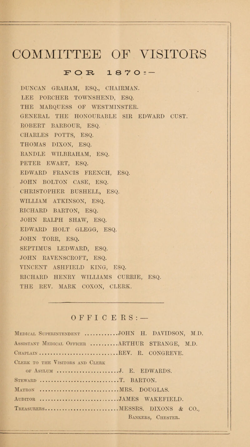 COMMITTEE OF VISITORS 1870= — DUNCAN GRAHAM, ESQ., CHAIRMAN. LEE PORCHER TOWNSHEND, ESQ. THE MARQUESS OF WESTMINSTER. GENERAL THE HONOURABLE SIR EDWARD GUST. ROBERT BARBOUR, ESQ. CHARLES POTTS, ESQ. THOMAS DIXON, ESQ. RANDLE WILBRAHAM, ESQ. PETER EWART, ESQ. EDWARD FRANCIS FRENCH, ESQ. JOHN BOLTON CASE, ESQ. CHRISTOPHER BUSHELL, ESQ. WILLIAM ATKINSON, ESQ. RICHARD BARTON, ESQ. JOHN RALPH SHAW, ESQ. EDWARD HOLT GLEGG, ESQ. JOHN TORR, ESQ. SEPTIMUS LEDWARD, ESQ. JOHN RAVENSCROFT, ESQ. VINCENT ASHFIELD KING, ESQ. RICHARD HENRY WILLIAMS CURRIE, ESQ. THE REV. MARK COXON, CLERK. OFFICERS:— Medical Superintendent . Assistant Medical Officer . Chaplain. Clerk to the Visitors and Clerk OF Asylum Steward Matron Auditor Treasurers JOHN H. DAVIDSON, M D. ARTHUR STRANGE, M.D. REV. R. CONGREVE. J. E. EDWARDS. T. BARTON. MRS. DOUGLAS. JAMES WAKEFIELD. MESSRS. DIXONS & CO., Bankers, Chester.