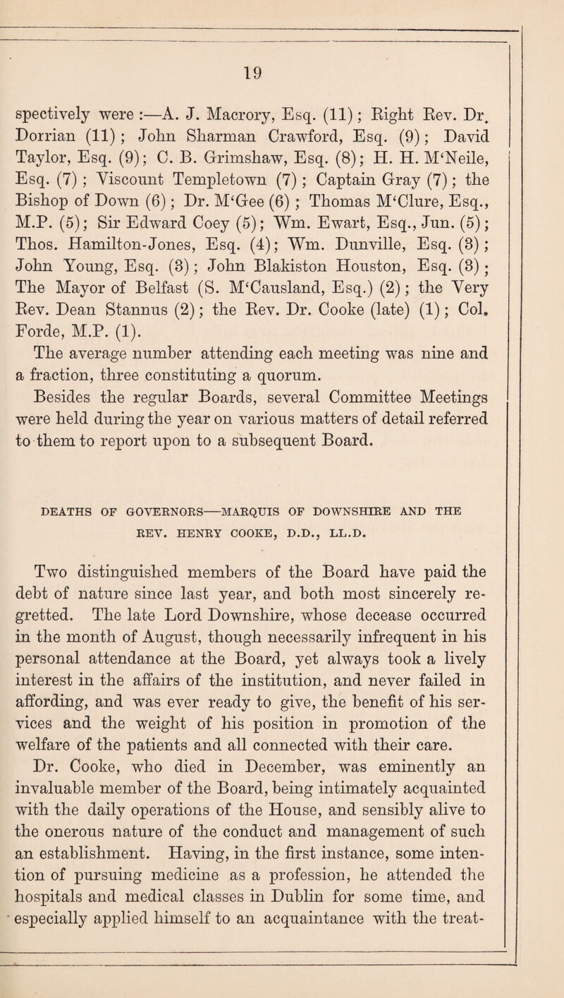 spectively were :—A. J. Macrory, Esq. (11); Eight Eev. Dr. Dorrian (11) ; John Sharman Crawford, Esq. (9); David Taylor, Esq. (9); 0. B. Grimshaw, Esq. (8); H. H. M^Neile, Esq. (7) ; Viscount Templetown (7); Captain Gray (7); the Bishop of Down (6); Dr. M‘Gee (6) ; Thomas M‘Clure, Esq., M.P. (5); Sir Edward Coey (5); Wm. Ewart, Esq., Jun. (5); Thos. Hamilton-Jones, Esq. (4); Wm. Dunville, Esq. (3); John Young, Esq. (3); John Blakiston Houston, Esq. (3); The Mayor of Belfast (S. M‘Causland, Esq.) (2); the Very Eev. Dean Stannus (2); the Eev. Dr. Cooke (late) (1); Col. Forde, M.P. (1). The average number attending each meeting was nine and a fraction, three constituting a quorum. Besides the regular Boards, several Committee Meetings were held during the year on various matters of detail referred to them to report upon to a subsequent Board. DEATHS OF GOVERNOES-MARQUIS OF DOWNSHIRE AND THE REV. HENRY COOKE, D.D., LL.D. Two distinguished members of the Board have paid the debt of nature since last year, and both most sincerely re¬ gretted. The late Lord Downshire, whose decease occurred in the month of August, though necessarily infrequent in his personal attendance at the Board, yet always took a lively interest in the affairs of the institution, and never failed in affording, and was ever ready to give, the benefit of his ser¬ vices and the weight of his position in promotion of the welfare of the patients and all connected with their care. Dr. Cooke, who died in December, was eminently an invaluable member of the Board, being intimately acquainted with the daily operations of the House, and sensibly alive to the onerous nature of the conduct and management of such an establishment. Having, in the first instance, some inten¬ tion of pursuing medicine as a profession, he attended the hospitals and medical classes in Dublin for some time, and “ especially applied himself to an acquaintance with the treat-