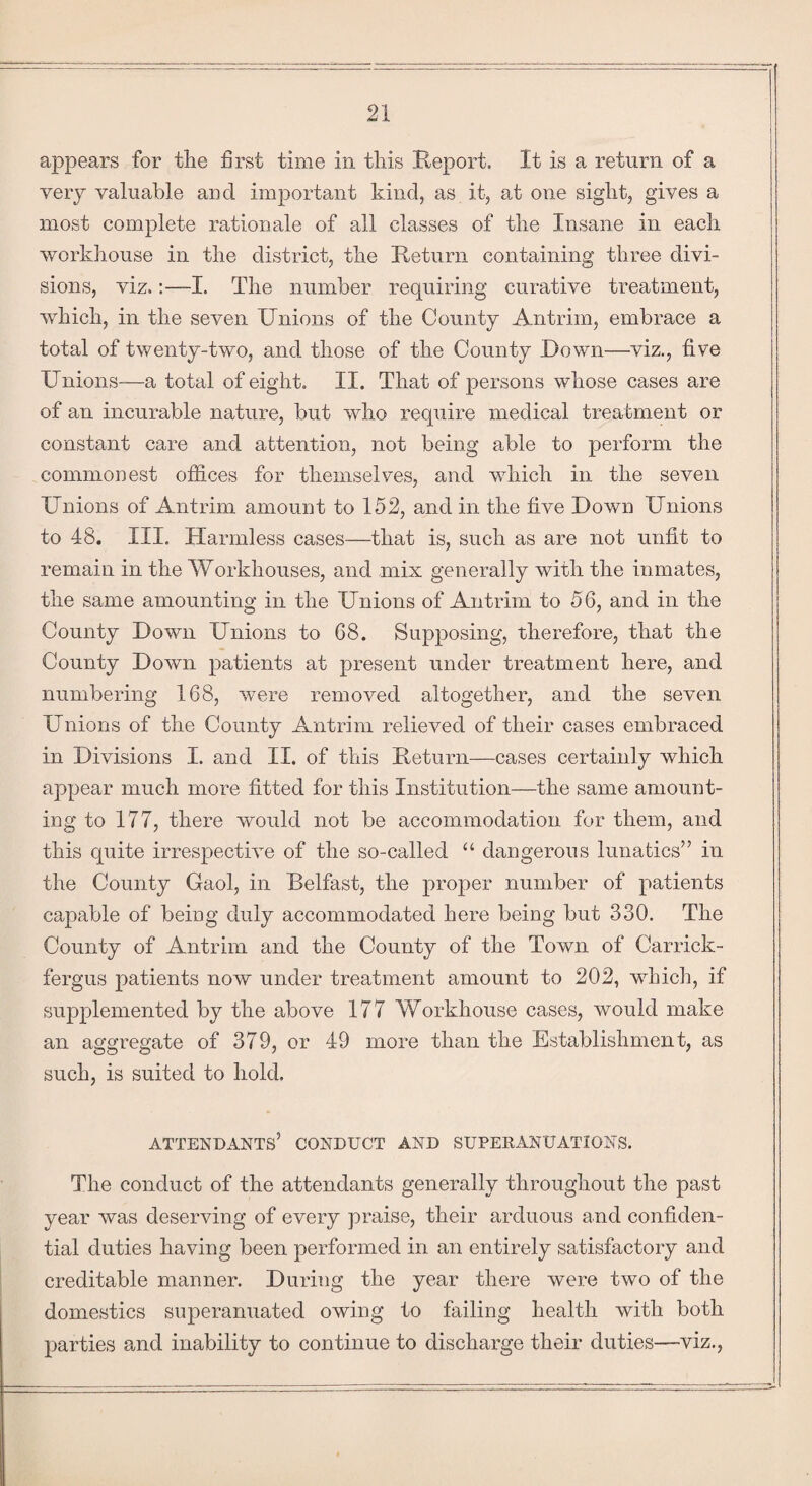 appears for the first time in this Report. It is a return of a very valuable and important kind, as it, at one sight, gives a most complete rationale of all classes of the Insane in each workhouse in the district, the Return containing three divi¬ sions, viz.:—I. The number requiring curative treatment, which, in the seven Unions of the County Antrim, embrace a total of twenty-two, and those of the County Down—viz., five Unions—a total of eight. II. That of persons whose cases are of an incurable nature, but who require medical treatment or constant care and attention, not being able to perform the commonest offices for themselves, and which in the seven Unions of Antrim amount to 152, and in the five Down Unions to 48. III. Harmless cases—that is, such as are not unfit to remain in the Workhouses, and mix generally with the inmates, the same amounting in the Unions of Antrim to 56, and in the County Down Unions to 68. Supposing, therefore, that the County Down patients at present under treatment here, and numbering 168, were removed altogether, and the seven Unions of the County Antrim relieved of their cases embraced in Divisions I. and II. of this Return—cases certainly which appear much more fitted for this Institution—the same amount¬ ing to 177, there would not be accommodation for them, and this quite irrespective of the so-called “ dangerous lunatics” in the County Gaol, in Belfast, the proper number of patients callable of being duly accommodated here being but 330. The County of Antrim and the County of the Town of Carrick- fergus patients now under treatment amount to 202, which, if supplemented by the above 177 Workhouse cases, would make an aggregate of 379, or 49 more than the Establishment, as such, is suited to hold. ATTENDANTS5 CONDUCT AND SUPERANUATIONS. The conduct of the attendants generally throughout the past year was deserving of every praise, their arduous and confiden¬ tial duties having been performed in an entirely satisfactory and creditable manner. During the year there were two of the domestics superanuated owing to failing health with both parties and inability to continue to discharge their duties—viz.,