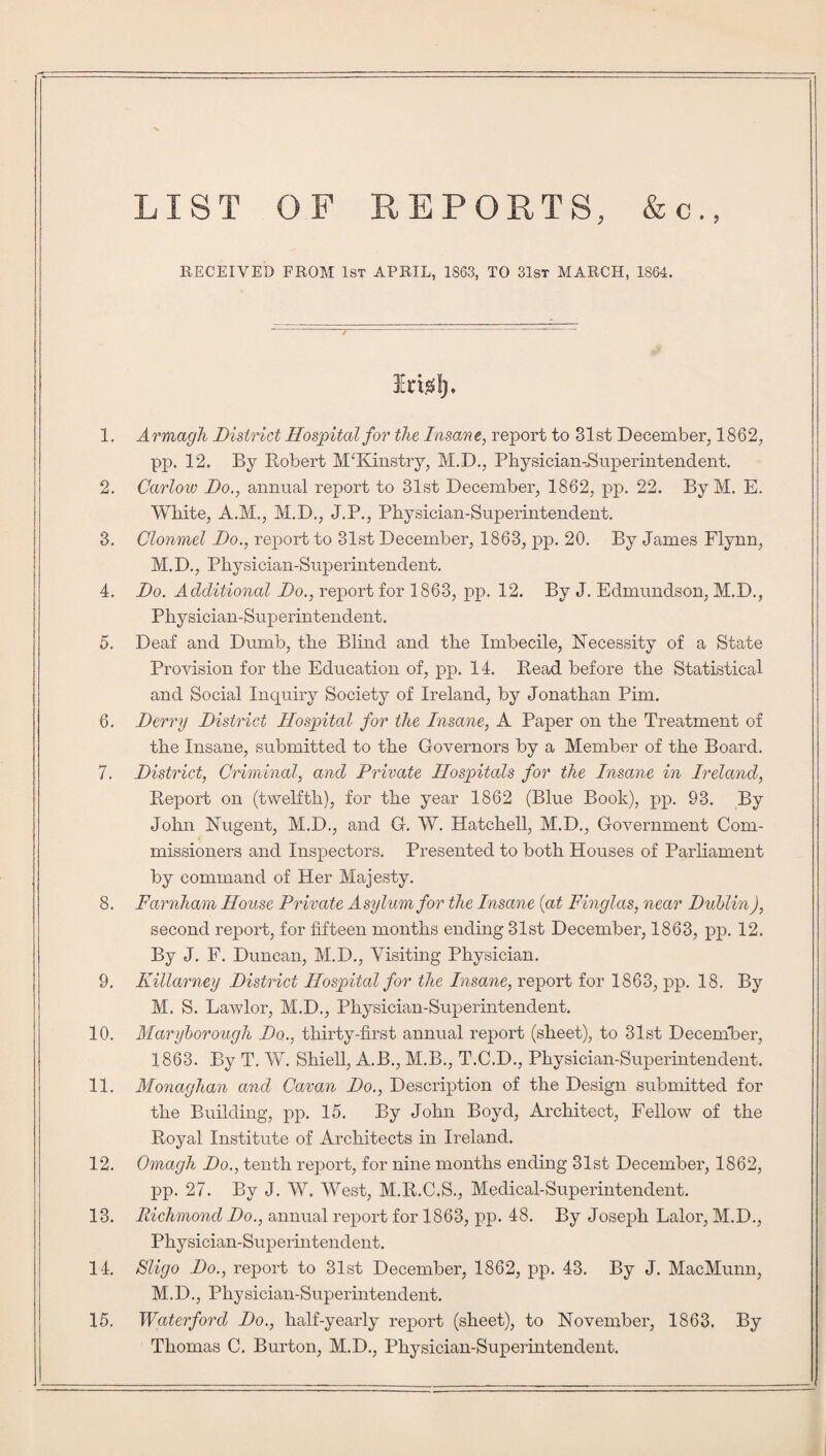 LIST OF REPORTS, & c., RECEIVED FROM 1st APRIL, 1863, TO 31st MARCH, 1864. Irfel). 1. Armagh District Hospital for the Insane, report to 31st December, 1862, pp. 12. By Robert M'Kinstry, M.D., Physician-Superintendent. 2. Carlow Do., annual report to 31st December, 1862, pp. 22. By M. E. White, A.M., M.D., J.P., Physician-Superintendent. 3. Clonmel Do., report to 31st December, 1863, pp. 20. By James Flynn, M.D., Physician-Superintendent. 4. Do. Additional Do., report for 1863, pp. 12. By J. Edmundson, M.D., Physician-Superintendent. 5. Deaf and Dumb, the Blind and the Imbecile, Necessity of a State Provision for the Education of, pp. 14. Read before the Statistical and Social Inquiry Society of Ireland, by Jonathan Pirn. 6. Derry District Hospital for the Insane, A Paper on the Treatment of the Insane, submitted to the Governors by a Member of the Board. 7. District, Criminal, and Private Hospitals for the Insane in Ireland, Report on (twelfth), for the year 1862 (Blue Book), pp. 93. By John Nugent, M.D., and G. W. Hatched, M.D., Government Com¬ missioners and Inspectors. Presented to both Houses of Parliament by command of Her Majesty. 8. Farnham House Private Asylum for the Insane {at Finglas, near Dublin), second report, for fifteen months ending 31st December, 1863, pp. 12. By J. F. Duncan, M.D., Visiting Physician. 9. Killarney District Hospital for the Insane, report for 1863, pp. 18. By M. S. Lawlor, M.D., Physician-Superintendent. 10. Maryborough Do., thirty-first annual report (sheet), to 31st December, 1863. By T. W. Shiell, A.B., M.B., T.C.D., Physician-Superintendent. 11. Monaghan and Cavan Do., Description of the Design submitted for the Building, pp. 15. By John Boyd, Architect, Fellow of the Royal Institute of Architects in Ireland. 12. Omagh Do., tenth report, for nine months ending 31st December, 1862, pp. 27. By J. W. West, M.R.C.S., Medical-Superintendent. 13. Richmond Do., annual report for 1863, pp. 48. By Joseph Lalor, M.D., Physician-Superintendent. 14. Sligo Do., report to 31st December, 1862, pp. 43. By J. MacMunn, M.D., Physician-Superintendent. 15. Waterford Do., half-yearly report (sheet), to November, 1863. By Thomas C. Burton, M.D., Physician-Superintendent.